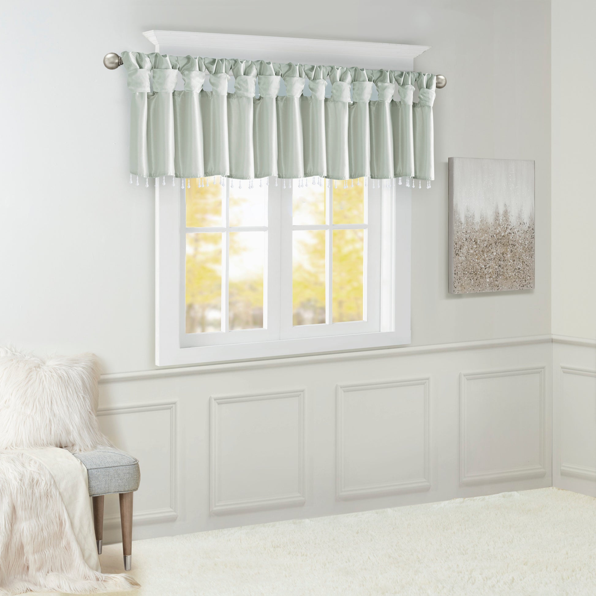 Lightweight Faux Silk Valance With Beads Dusty Aqua 50X26" Dusty Aqua Microfiber