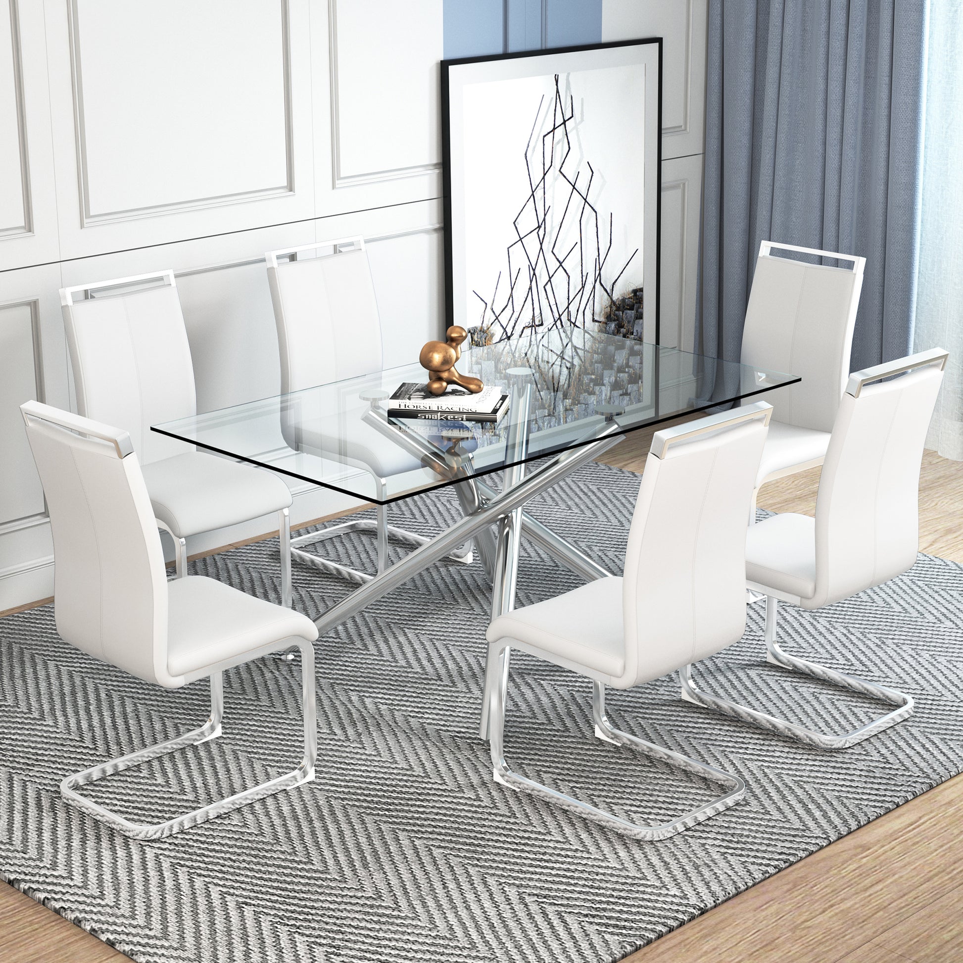 Large Modern Minimalist Rectangular Glass Dining Table For 6 8 With 0.39" Tempered Glass Tabletop And Silver Chrome Metal Legs, For Kitchen Dining Living Meeting Room Banquet Hall