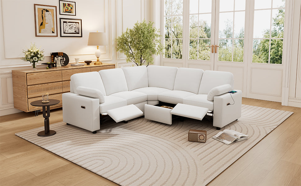 89" Power Recliner Sectional Sofa Home Theater Reclining Sofa With Two Usb Ports, Two Storage Drawers For Living Room, Beige Beige Foam Linen 5 Seat