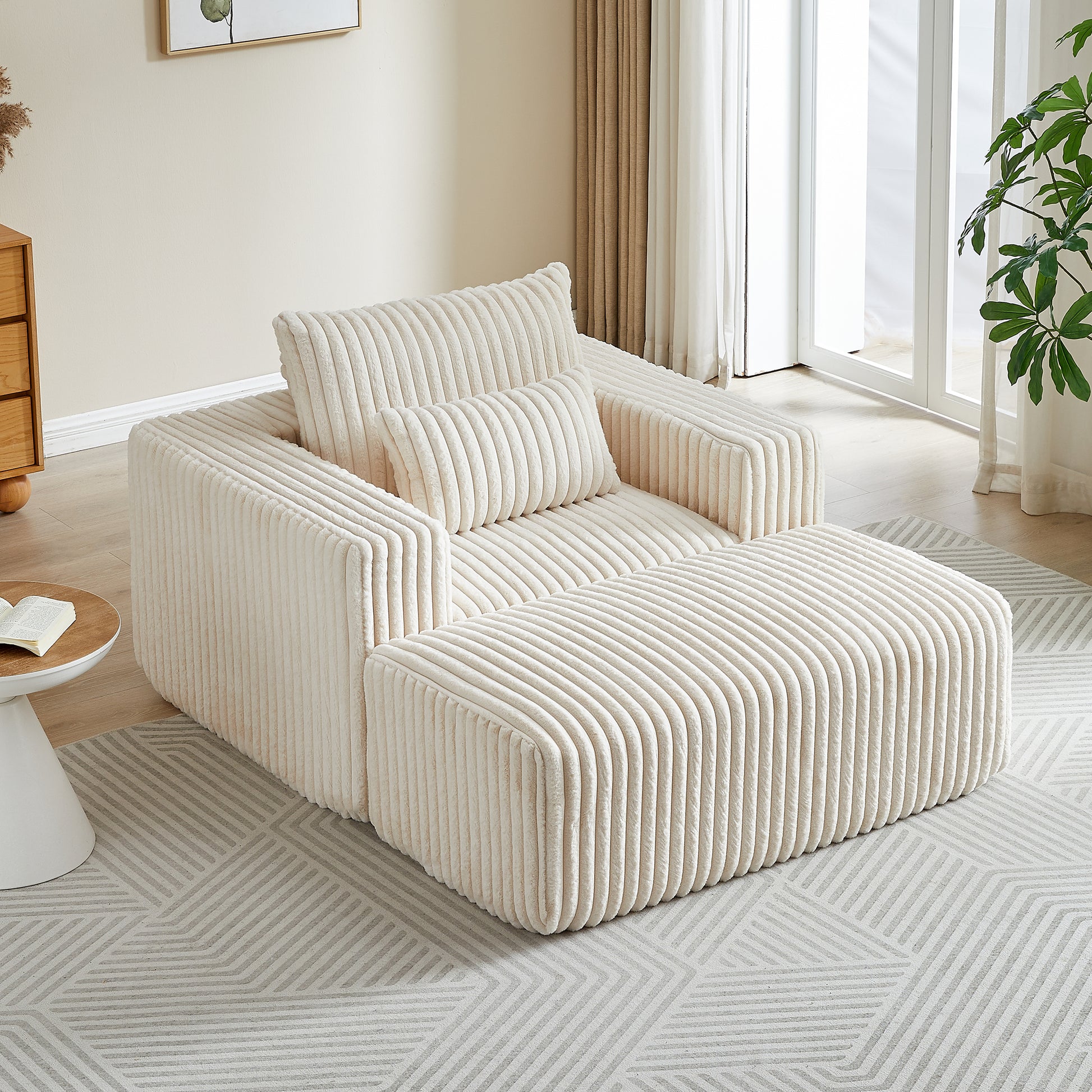 62.5 Inch Corduroy Sponge Sofa Lounge Chair With Removable Footrest,No Assembly Required,Fluffy Modern Sleeper Chair For Indoor Living Room Bedroom Beige Foam Corduroy 1 Seat