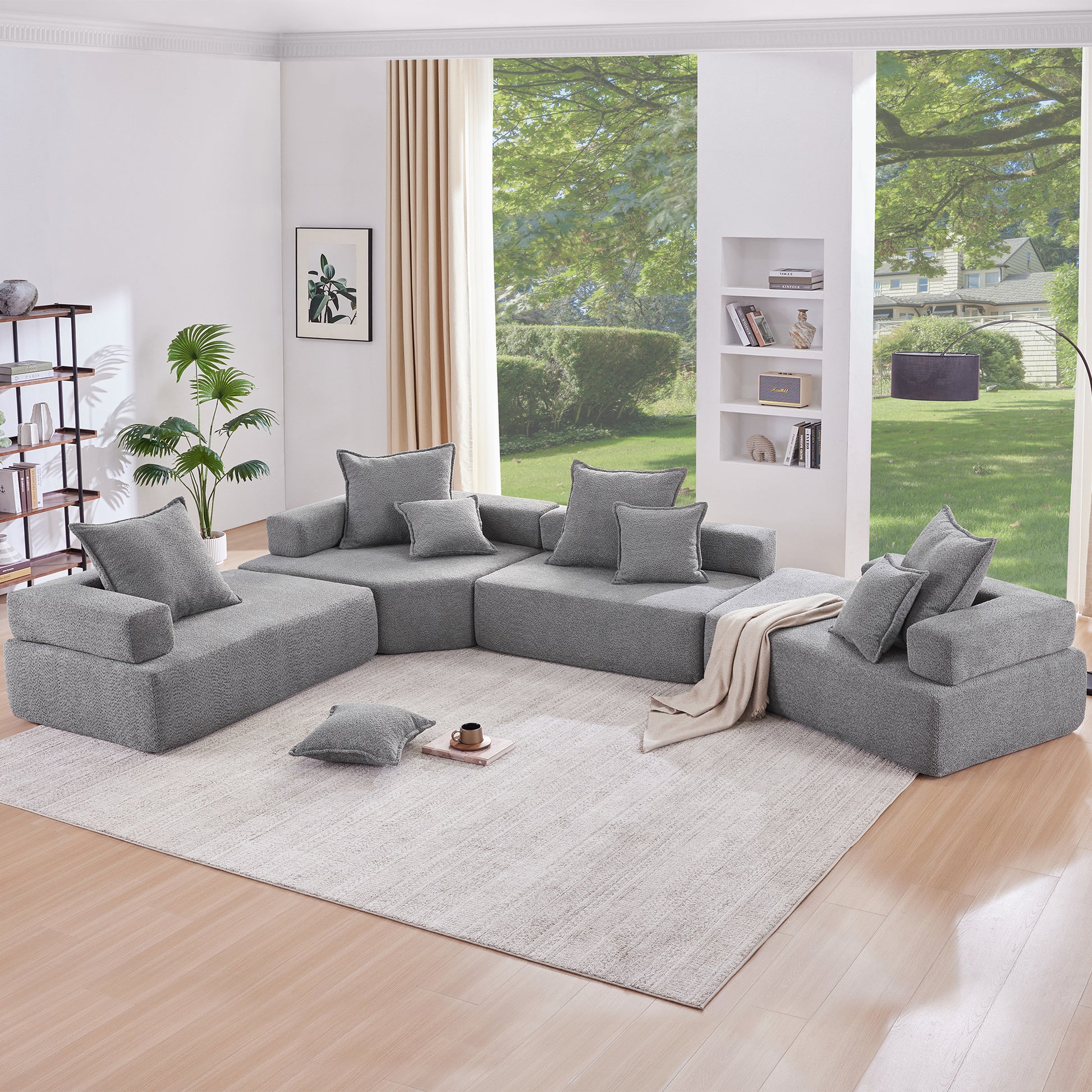 156''Oversized Modular U Shaped Sectional Sofa,Luxury Boucle Floor Couch Set,Convertible Sleeper Couch,Spacious Foam Filled Sofa Bed For Living Room,4 Pc Free Combination,2 Color Gray Boucle 6 Seat