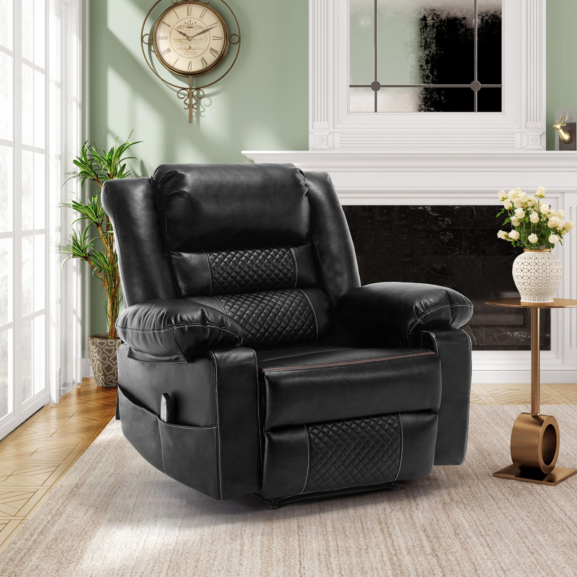 Leather Massage Recliner Chair Manual Living Room Reclining Sofa Black Faux Leather Manual Handle Metal Primary Living Space Soft Cushion Back Heavy Duty American Design,American Traditional,Antique,Classic Pillow Top Arms Foam Pu Leather