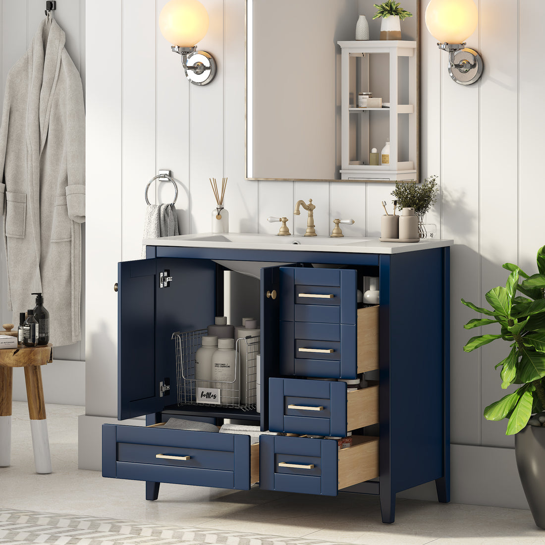 36'' Bathroom Vanity With Sink Combo Set, Modern Bathroom Cabinet With 4 Drawers, Freestanding Wood Bathroom Vanity Set With Solid Wood Feet, Blue 4 Blue 2 Adjustable Hinges Bathroom Freestanding Modern Solid Wood Mdf Resin Painted