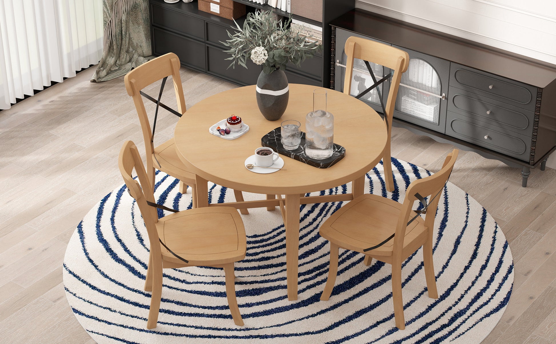 5 Piece Dining Set, Retro Simple Round Table And 4 Chairs With X Shaped Backrest For Kitchen, Dining Room And Living Room Natural Natural Rubber Wood