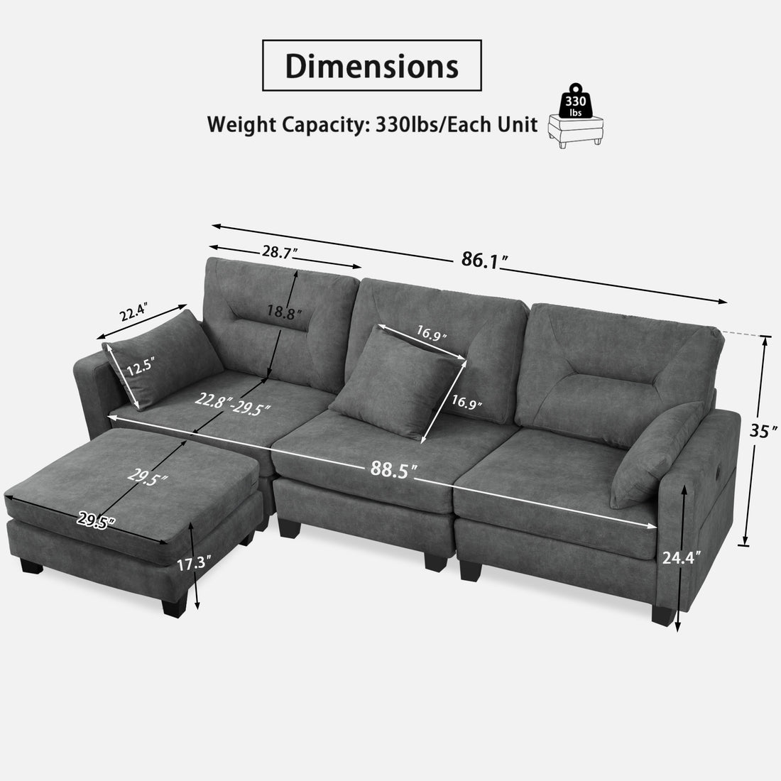 Oversized 86.1'' L Shaped Modular Sectional Couches With Usb Ports, Ottoman, Lumbar Pillows Gray Velvet Wood Primary Living Space Medium Soft Cushion Back Extra Heavy Duty Foam Foam Spring 5 Seat