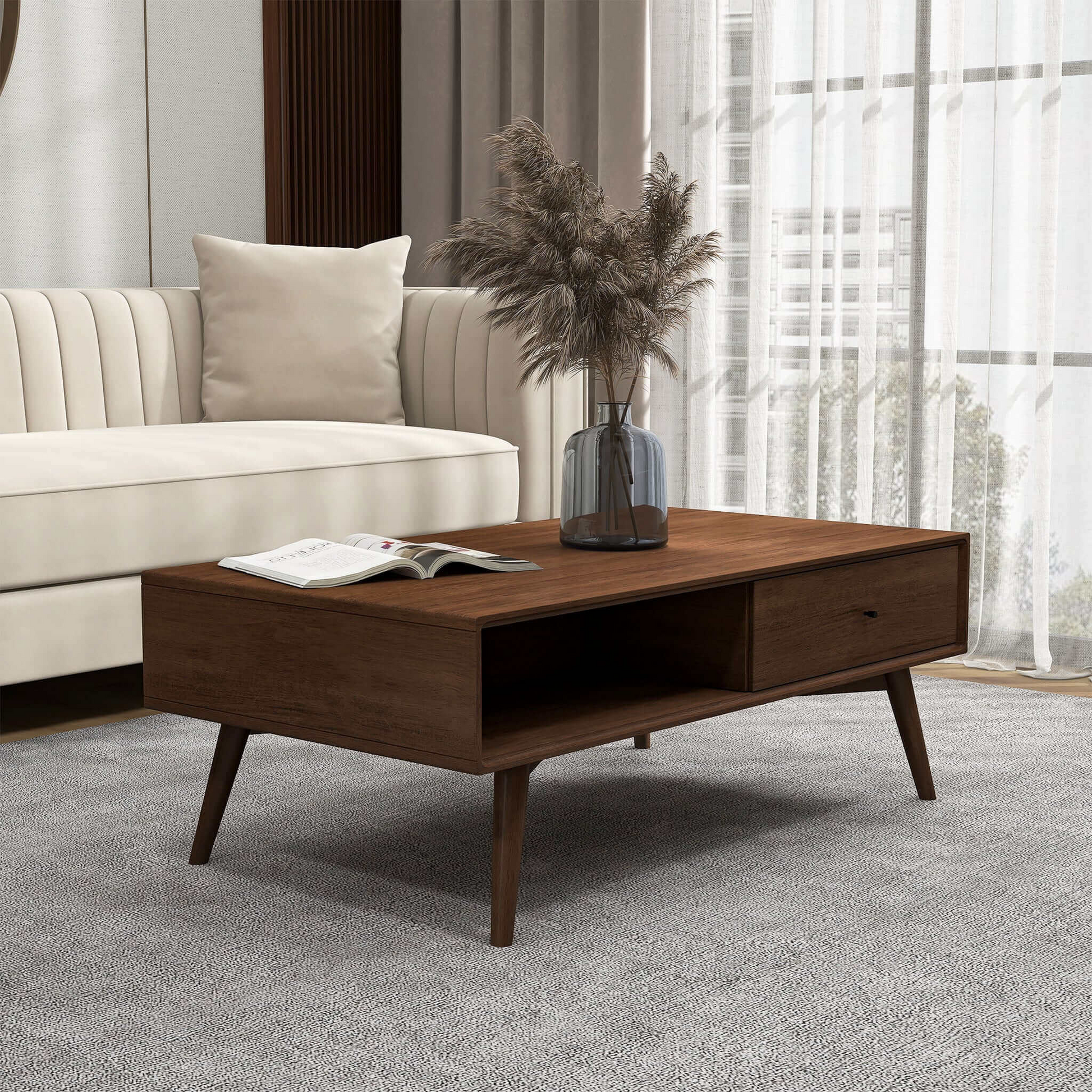 Caroline Walnut Coffee Table Walnut Brown Brown Walnut Open Storage Rectangular Solid Wood