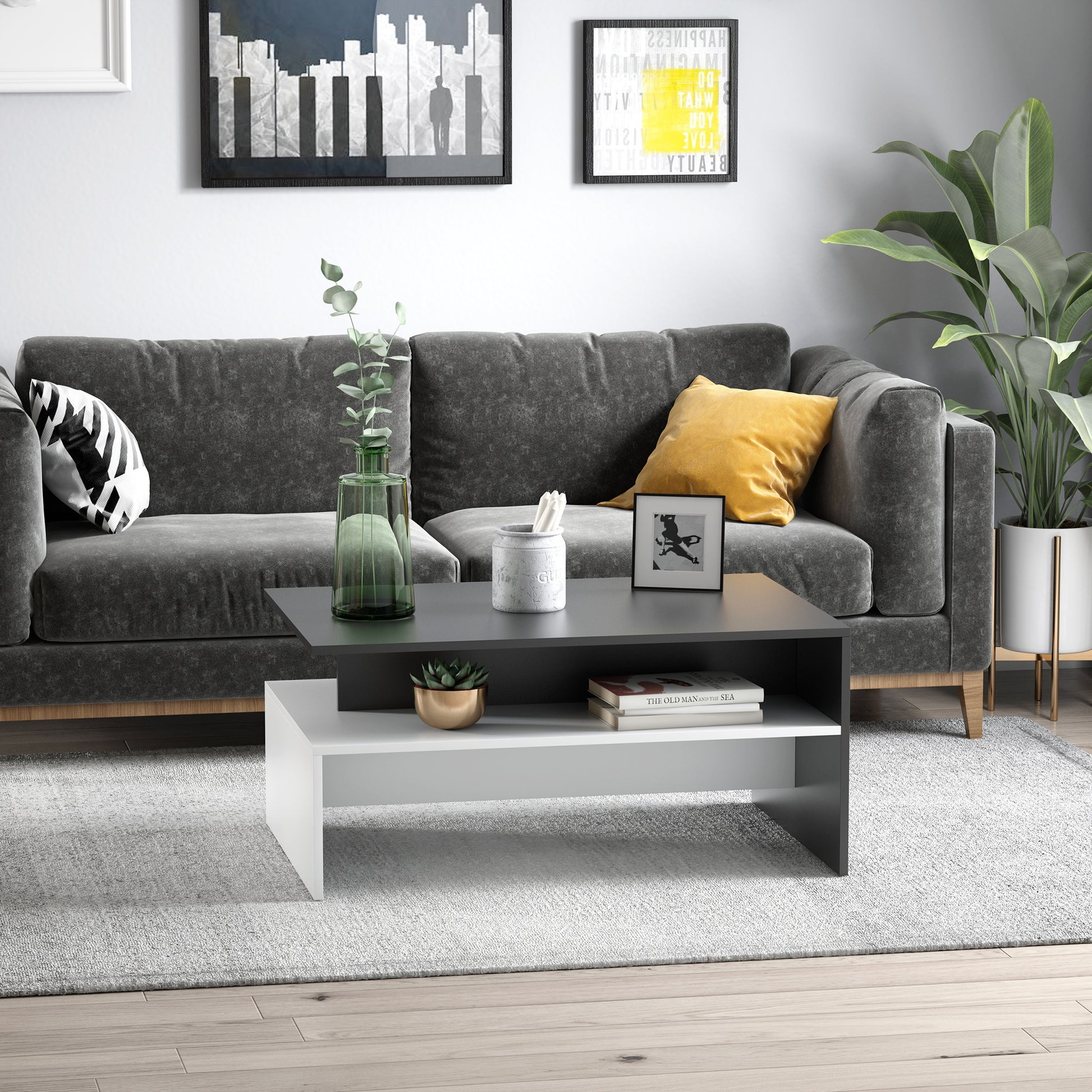Homcom Modern Coffee Table, 2 Tier Rectangular Center Table With Storage Shelves For Living Room, Black White White Black Engineered Wood