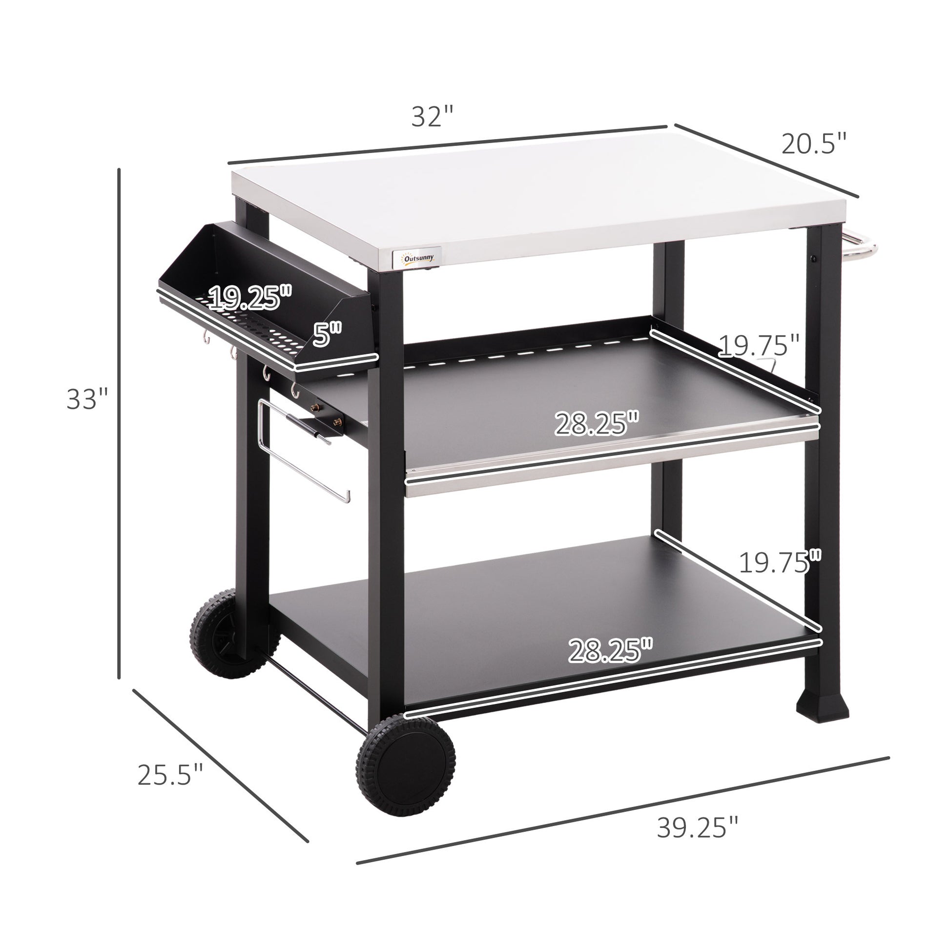 Outsunny Three Shelf Outdoor Grill Cart With Stainless Steel Tabletop, Side Handle, 32" X 20.5" Multifunctional Pizza Oven Stand, Movable Food Prep Table On Wheels, Black Black Stainless Steel