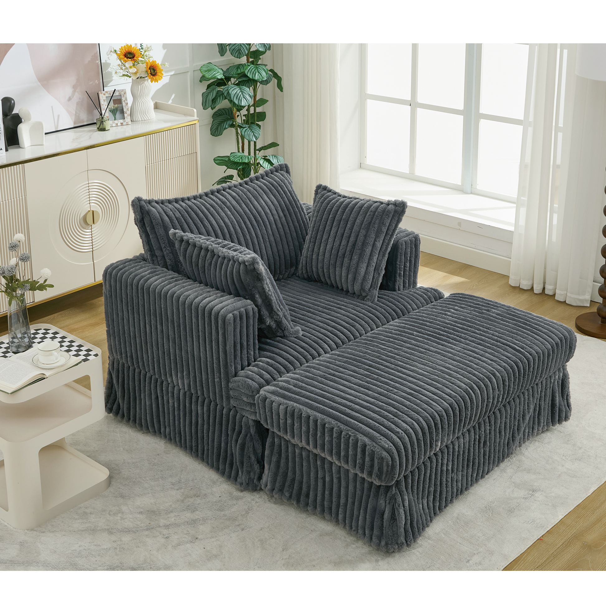 Arrived 47.7'' Oversized Corduroy Chaise Longue With Ottoman, Deep Seat Reclining Chair Sofa, Comfy Thicked Upholstered Pad Chair ,With Foot Stool ,Oversize, Movable Ottoman, Dark Gray Dark Gray