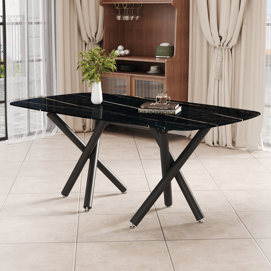 Large Modern Minimalist Rectangular Dining Table With 0.39 "Imitation Marble Black Tabletop And Black Metal Legs, Suitable For Kitchen, Dining Room, Living Room, Conference Room, And Banquet Hall 1537 Black Glass