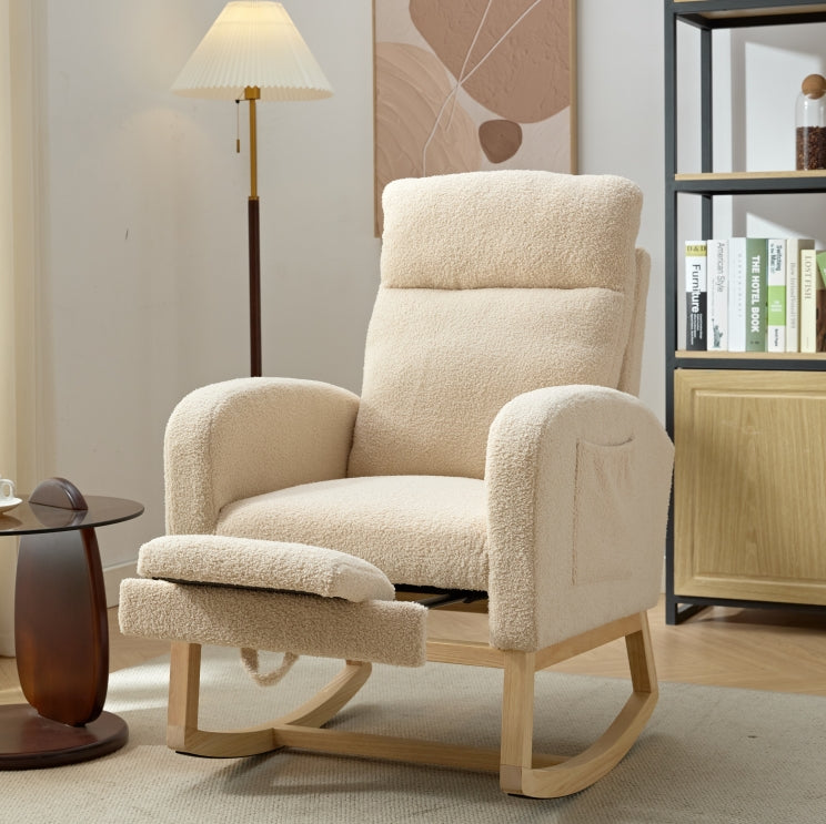 Modern Accent Rocking Chair Rocking Chair With Solid Wood Legs, Upholstered Nursery Glider Rocker, Comfy Armchair With Side Pocket, Living Room Lounge Arm Chair With High Backrest Teddy Beige Rubber Wood,Teddy