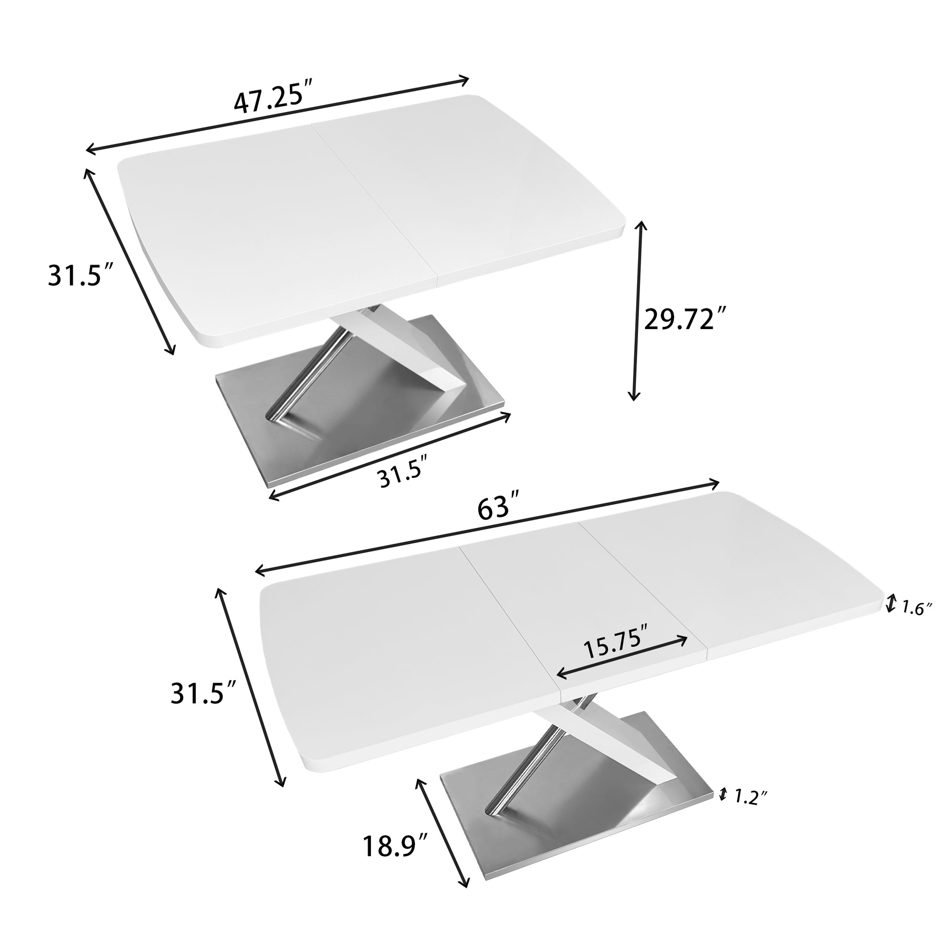 47.25'' 63'' Modern White Glossy Dining Table For 4 6 People, Extendable Dining Table With Crossed Metal Base And Stainless Steel Tubes, Large Dining Table White White Mdf Steel