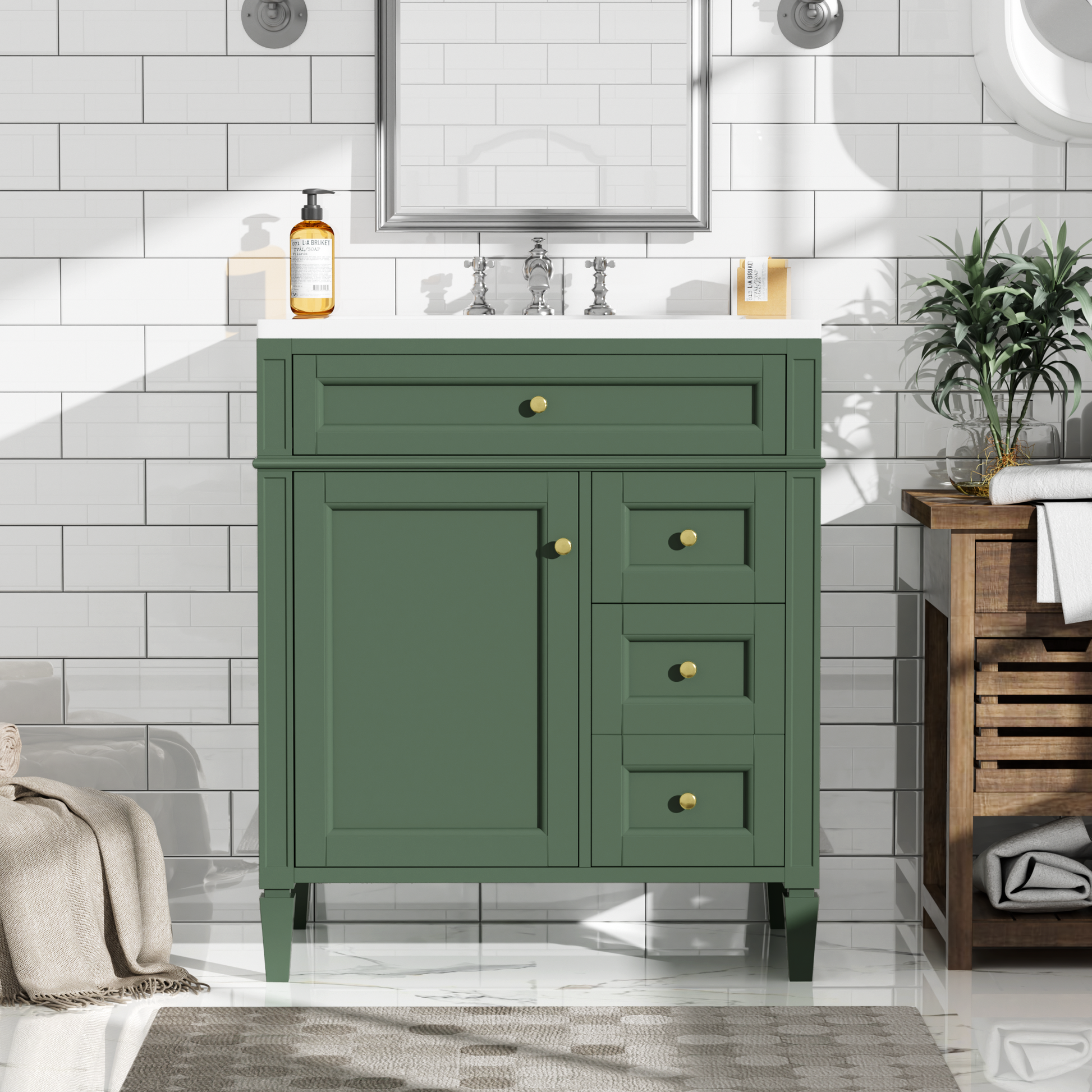 30'' Bathroom Vanity With Top Sink, Modern Bathroom Storage Cabinet With 2 Drawers And A Tip Out Drawer, Single Sink Bathroom Vanity 3 Green 1 2 Bathroom Freestanding Solid Wood Mdf Resin Painted