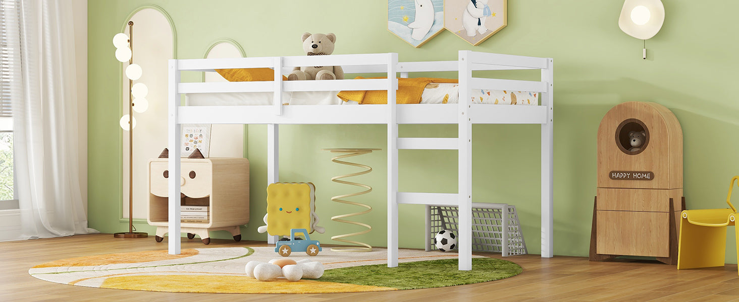 Solid Wooden, Rubber Wooden Twin Loft Bed With Ladder, Bed Platform Of Strengthened Slatswhite Twin White Rubber Wood