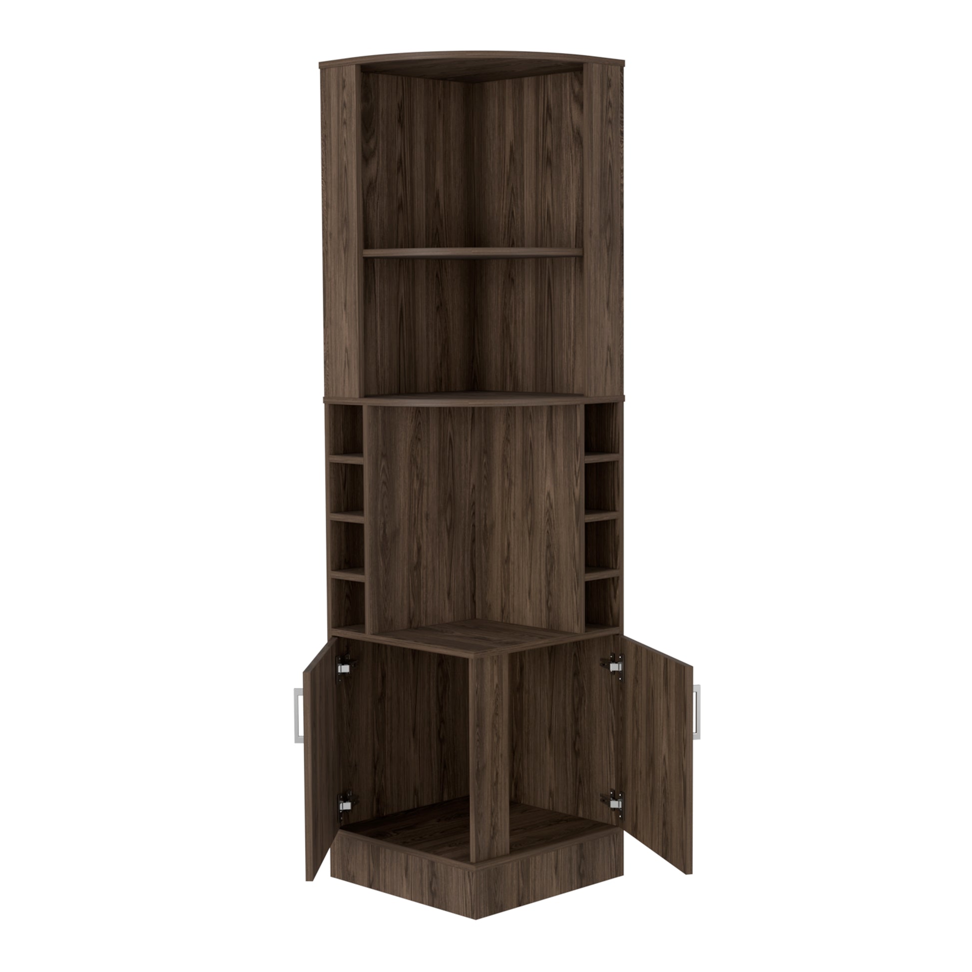 Corner Bar Cabinet, Two External Shelves, Dark Walnut Brown Solid Wood Mdf Engineered Wood