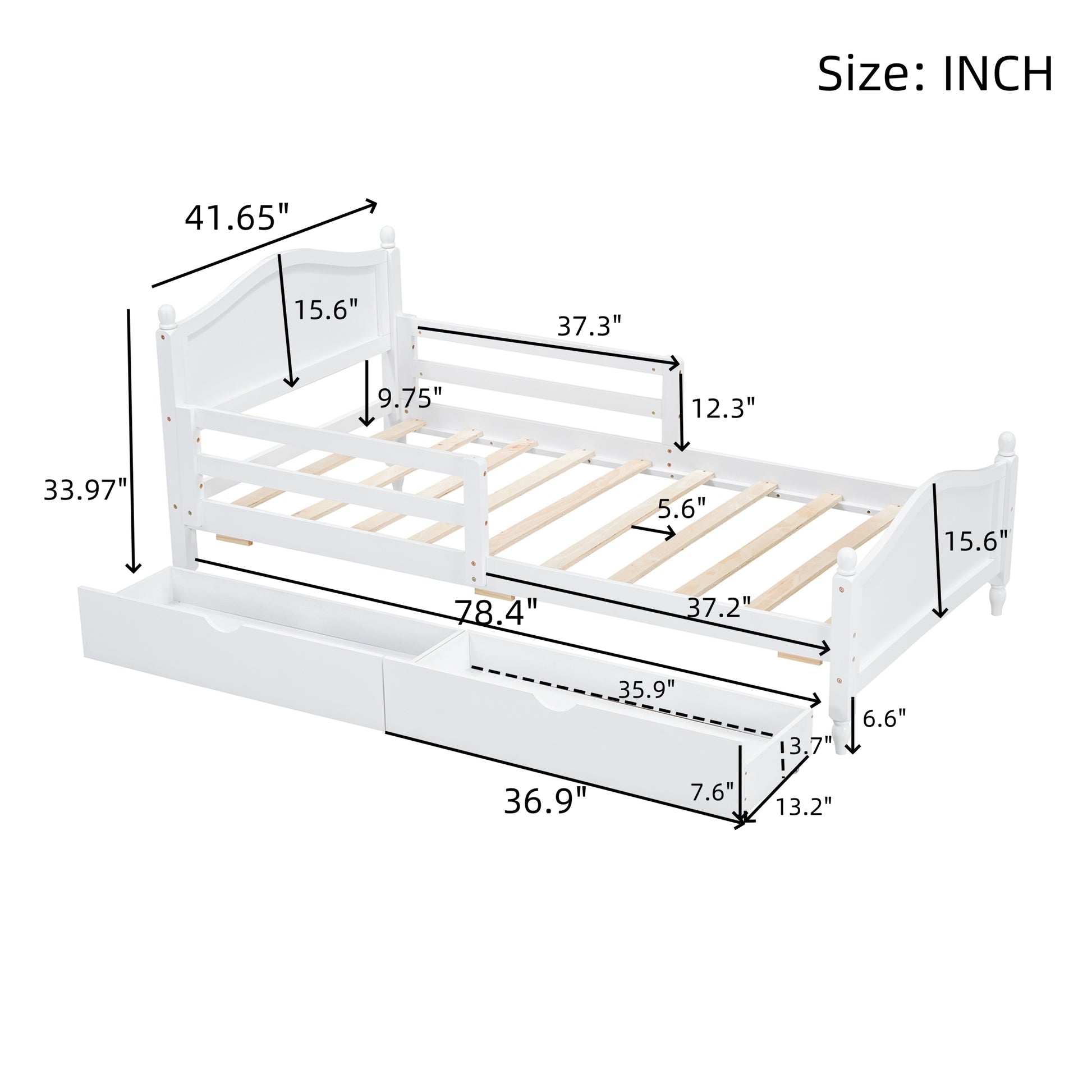 Twin Size Wood Platform Bed With Guardrails On Both Sides And Two Storage Drawers ,White Twin White Wood