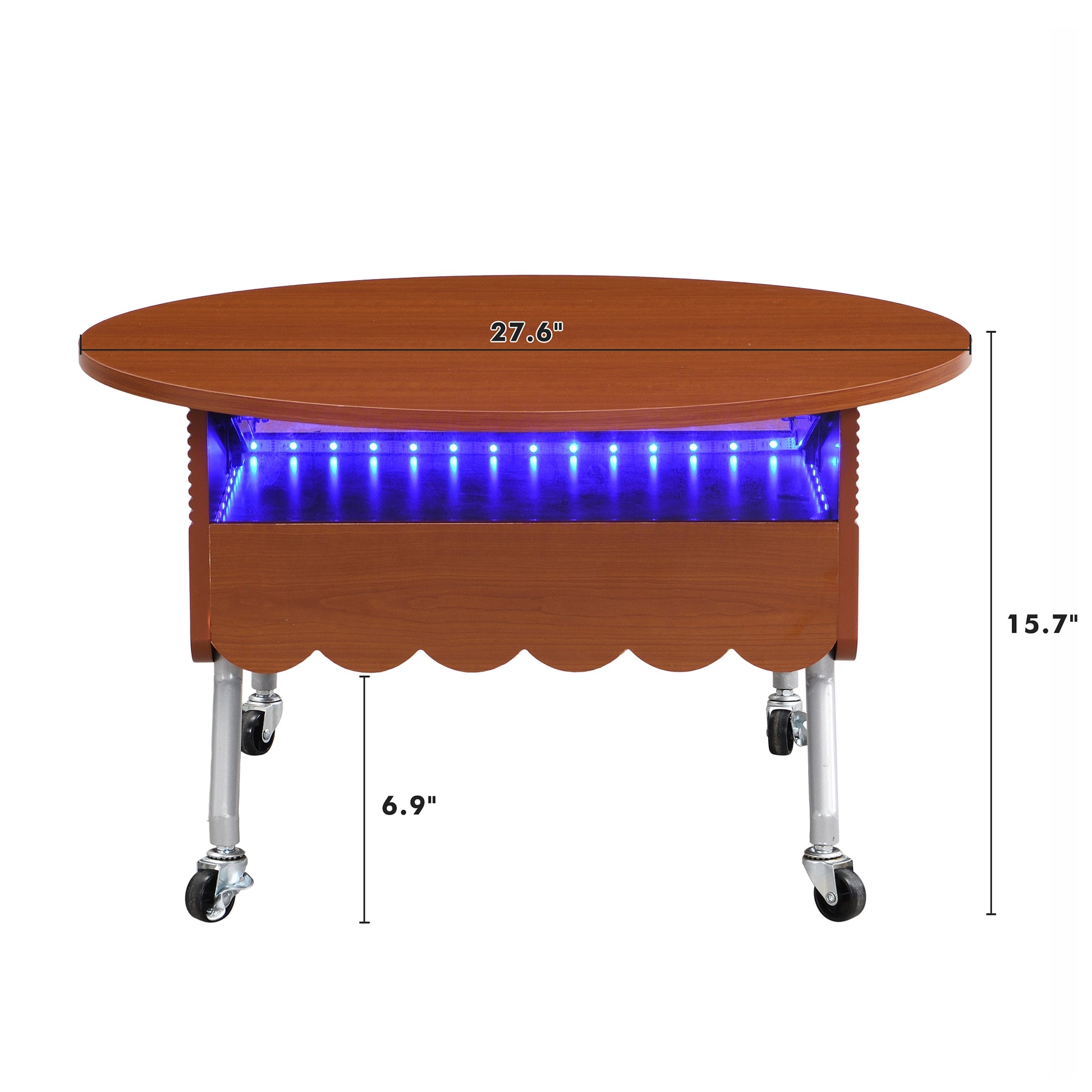 Round Lift Top Coffee Table With Wheels, Metal Frame And Multi Color Lighting In 27.6" Mahogany Glass,Mdf Metal