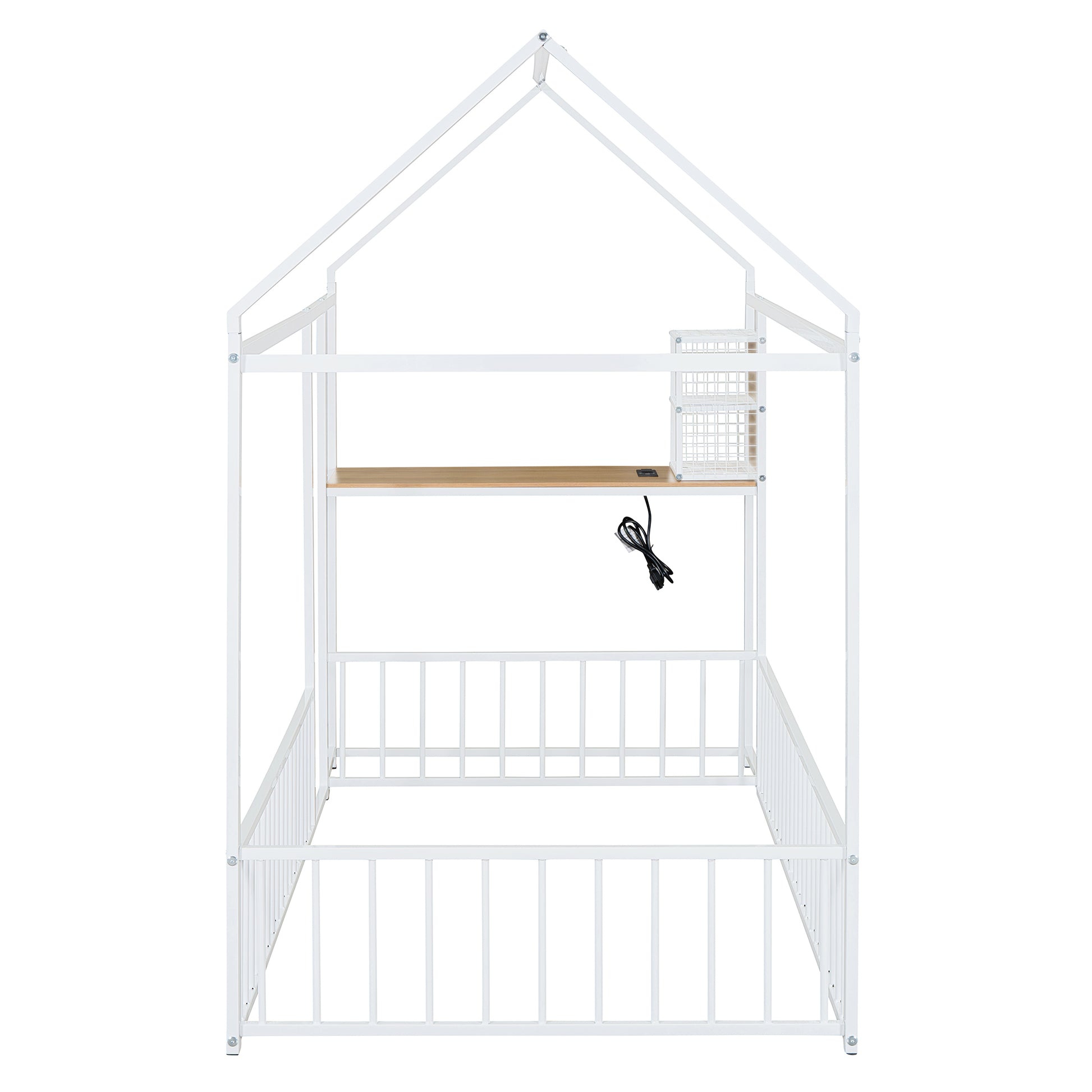Twin Size Metal Bed House Bed Frame With Desk, Shelves, Power Outlets And Usb Ports, White Twin White Metal
