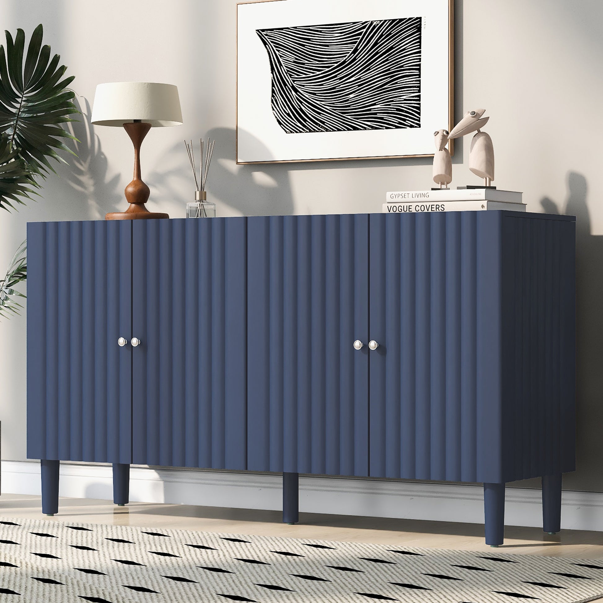 Elegant Four Door Sideboard With Wavy Pattern Doors, Cylindrical Legs, And Sleek Metal Handles, Adjustable, Suitable For Study, Entryway And Living Room Navy Blue Primary Living Space American