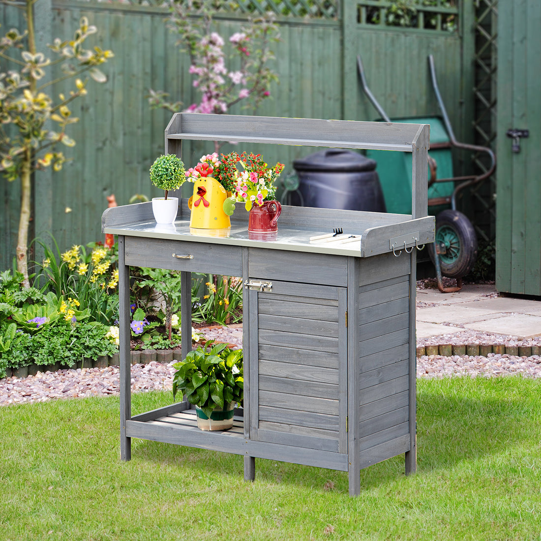 Outsunny Outdoor Potting Bench Table, Garden Work Station With Storage Cabinet, Open Shelf And Steel Tabletop, Gray Gray Wood