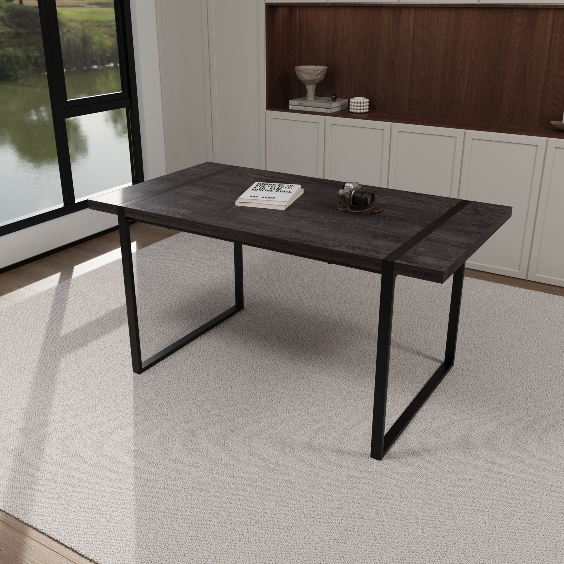 59 "Rural Industrial Rectangular Mdf Black Dining Table, 4 6 People, 1.5" Thick Engineering Wood Tabletop And Black Rectangular Metal Legs, Used For Writing Desk, Kitchen, Terrace, Dining Room Black Kitchen Mdf
