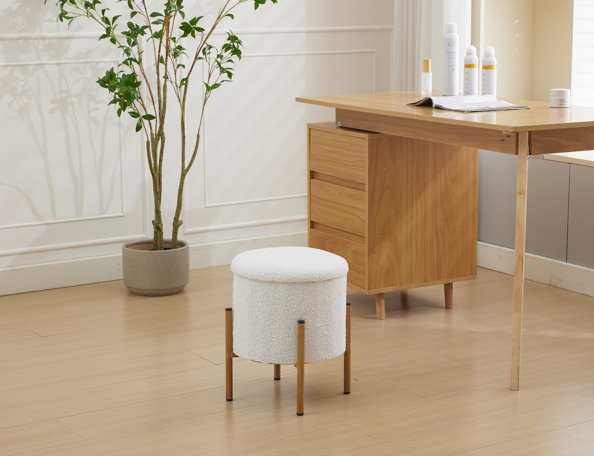 Modern Round Storage Ottoman, Ottoman Foot Stools With Metal Base, Ottoman Footstool With Removable Lid Storage Ottoman For Living Room, Bedroom, Makeup Room White White Upholstered