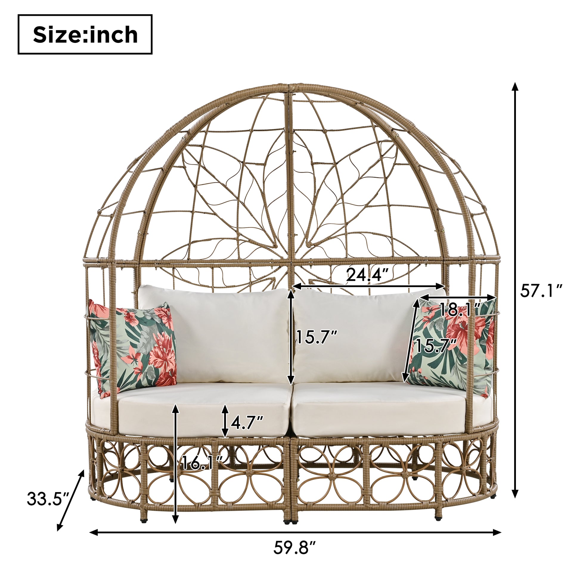 59.8" Daybed Outdoor Sunbed With Colorful Pillows, Wicker Patio Daybed With Curtain, Floral Pattern, Natural Wicker, Beige Cushion Yes Beige Garden & Outdoor Complete Patio Sets Foam Wicker