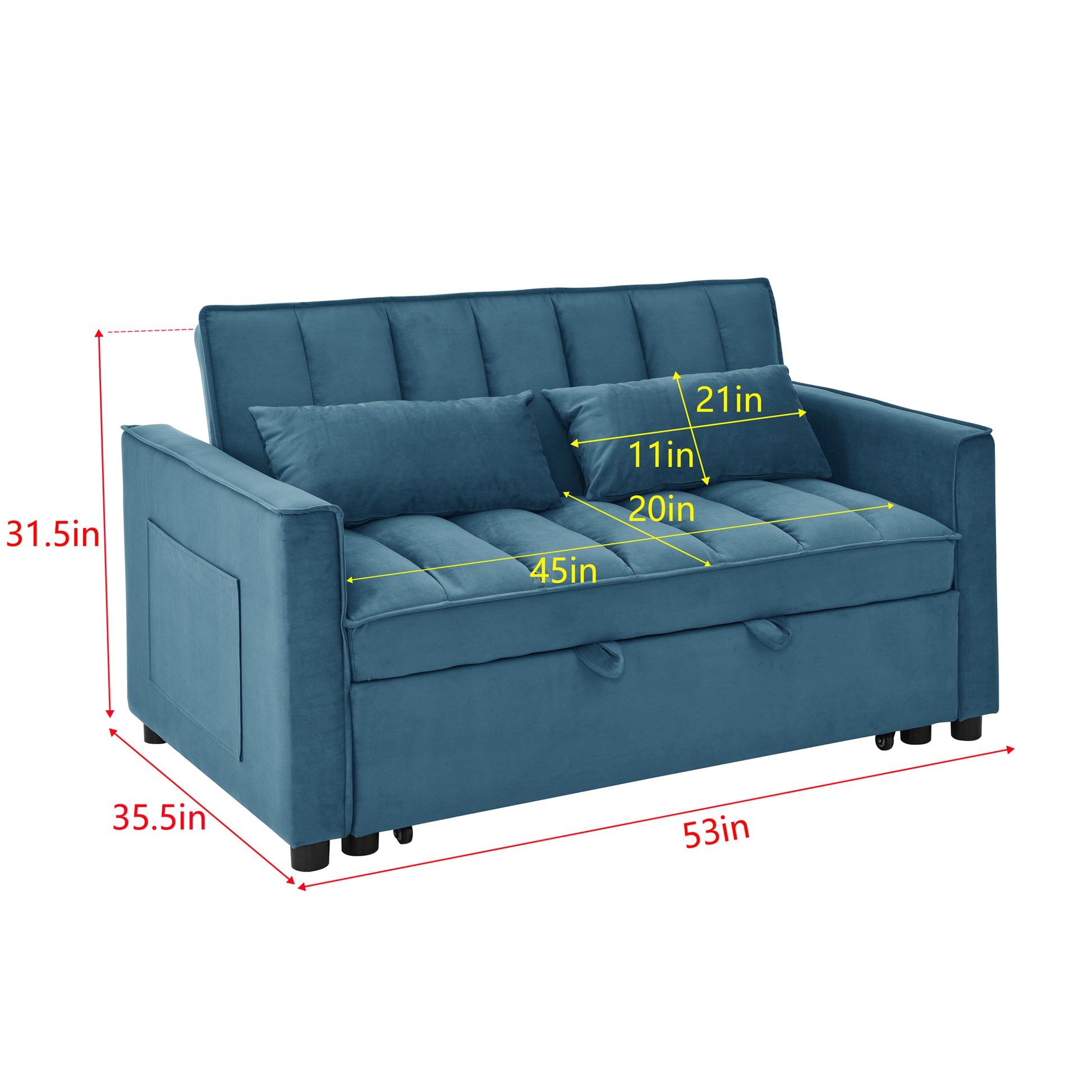 Modern Velvet Seat Sofa Couch Pull Out Bed,3 In One Convertible For Living Room Sofa Bed,Blue Blue Velvet Primary Living Space Cushion Back Medium Soft Medium Duty American Design Pillow Top Arms Foam Velvet 2 Seat
