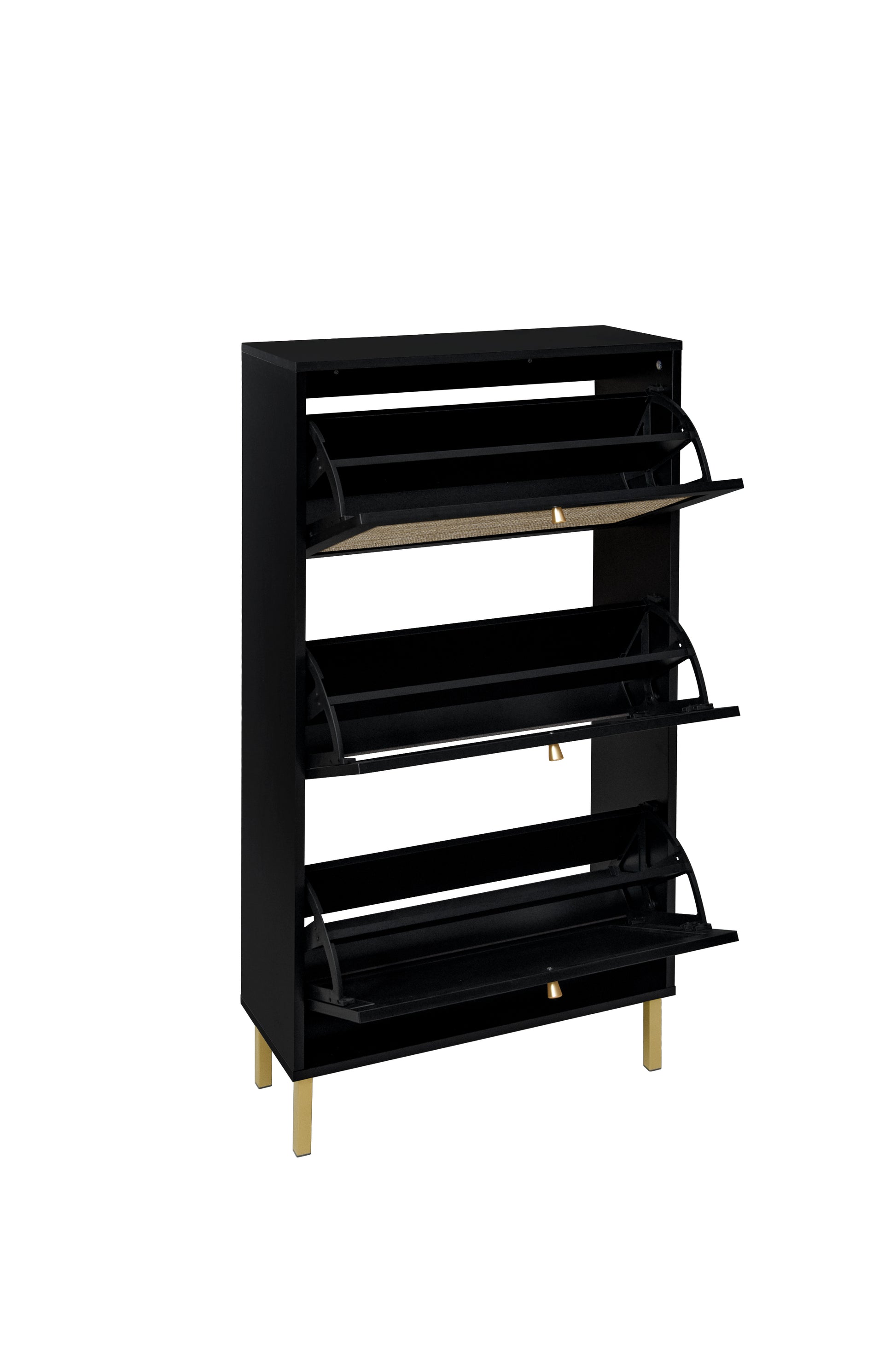 Rattan 3 Door Shoe Rack, Freestanding Modern Shoe Storage Cabinet, For Entryway Black Particle Board