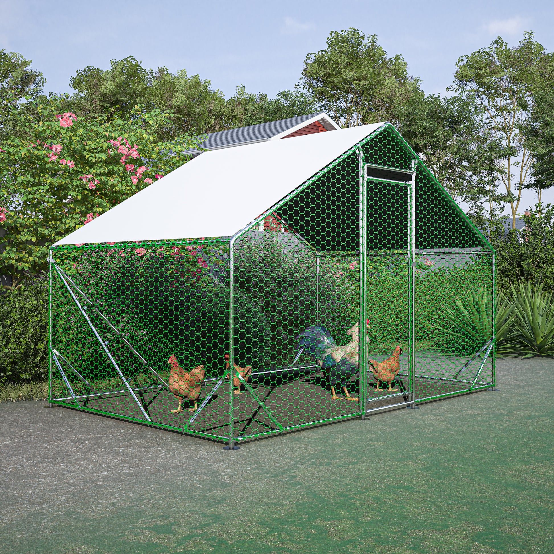 10 Ft. X 6.6 Ft. Large Metal Walk In Chicken Coop Galvanized Poultry Cage With Roosting Bar Farm Hen House Silver Metal