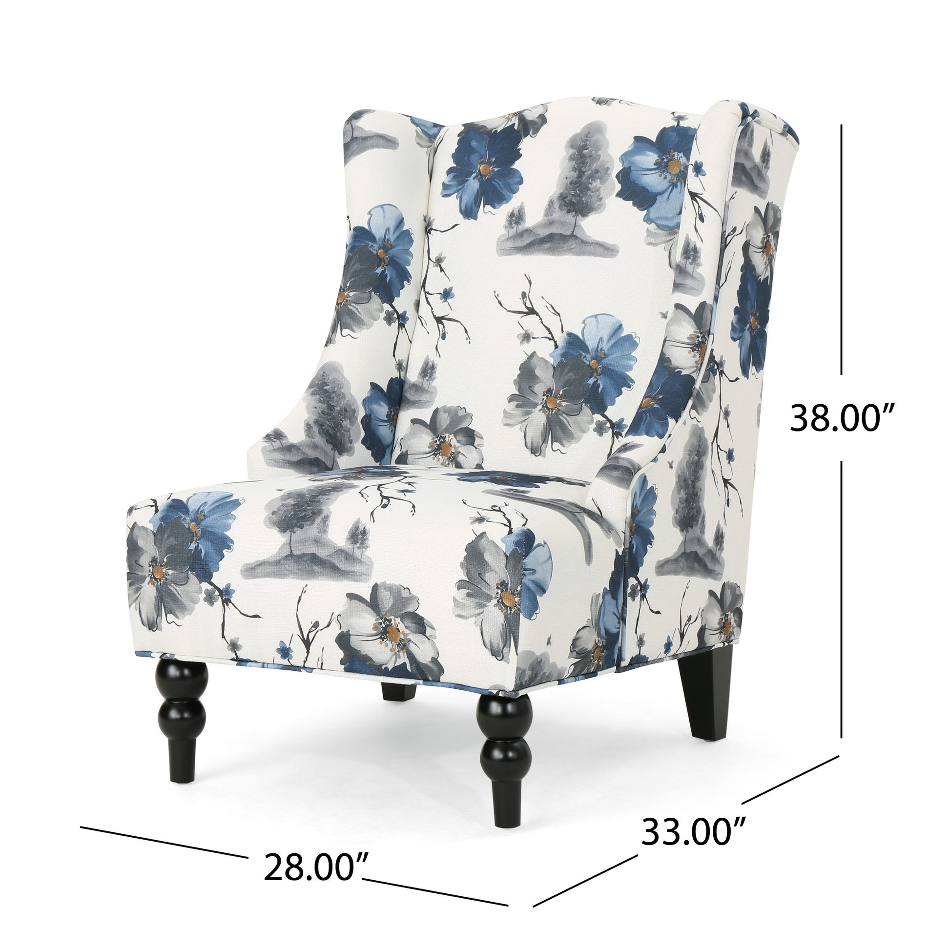 Toddman Hi Back Club Chair, High Back Fabric Club Chair, Print Beige Blue Flower Fabric