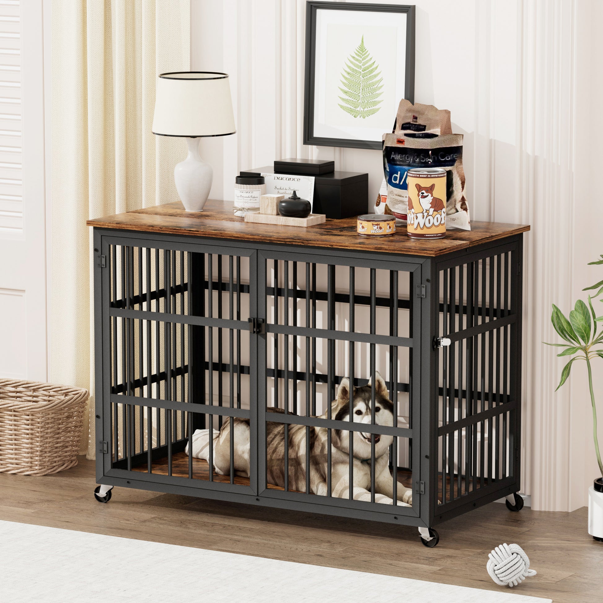 Furniture Style Dog Crate Wrought Iron Frame Door With Side Openings, Rustic Brown, 43.3''W X 29.9''D X 33.5''H. Rustic Brown Particle Board