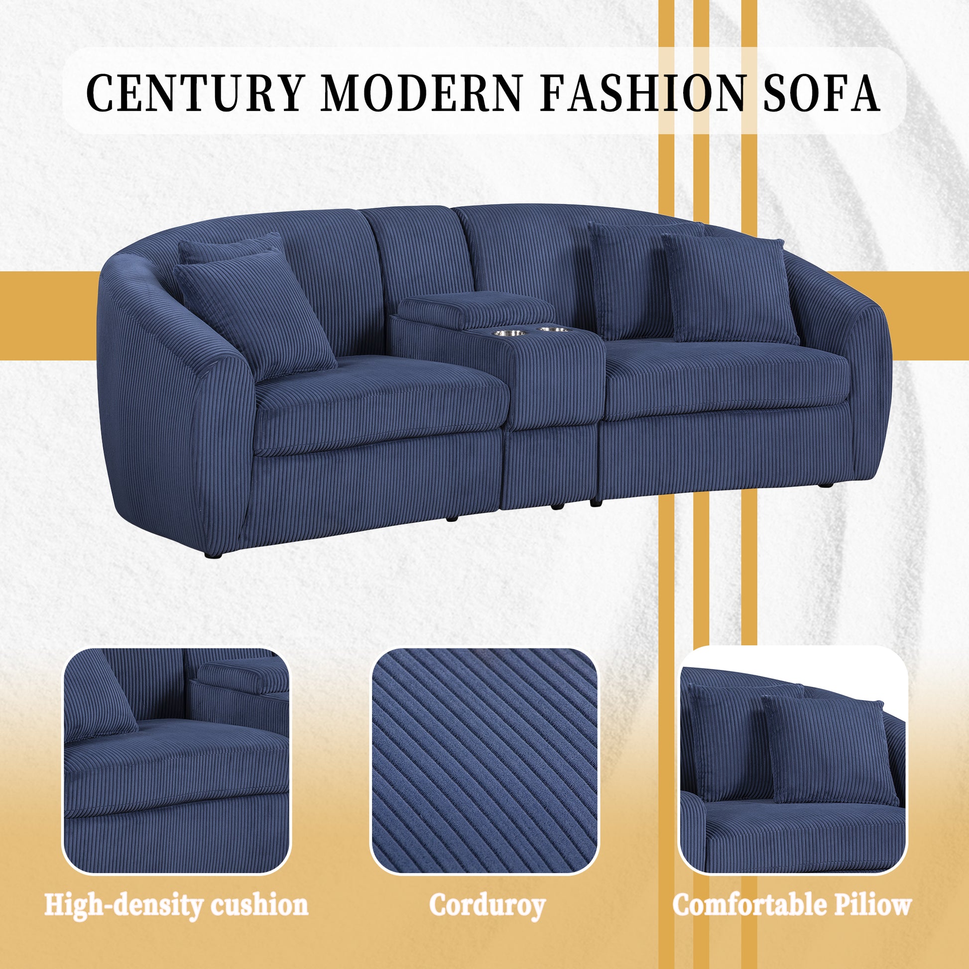 United We Win Corduroy Fabric, Two Cup Holders, Storage, Oversized Two Seat, Solid Wood Frame, High Quality Sponge Filling, Curved Placement Sofa Navy Corduroy 2 Seat