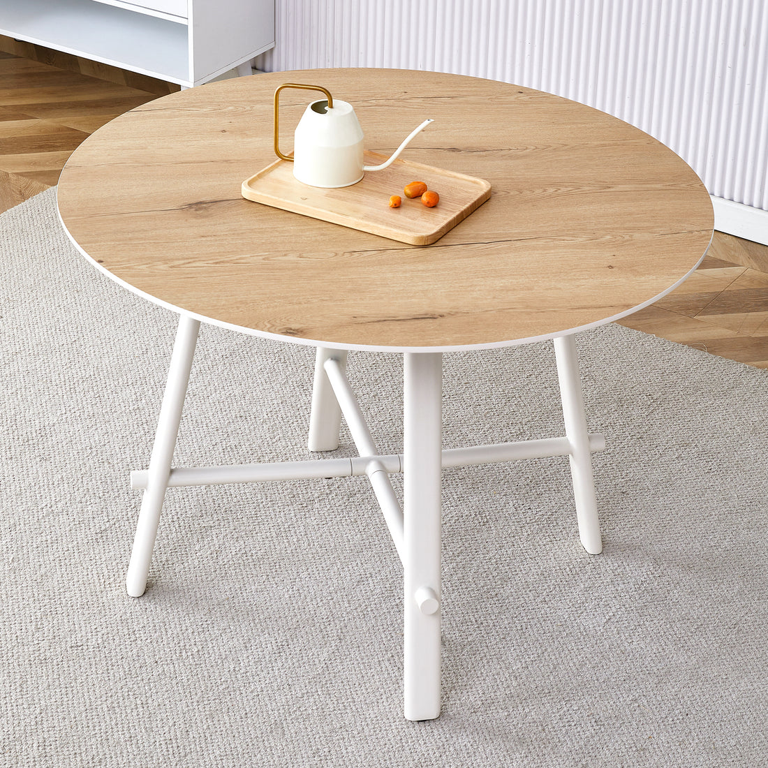 A Modern And Minimalist Circular Dining Table With A 42 Inch Diameter Wood Colorer Patterned Tabletop And White Metal Legs. Suitable For Restaurants, Living Rooms, And Conference Rooms. Brown White Mdf Metal