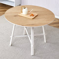A Modern And Minimalist Circular Dining Table With A 42 Inch Diameter Wood Colorer Patterned Tabletop And White Metal Legs. Suitable For Restaurants, Living Rooms, And Conference Rooms. Brown White Mdf Metal