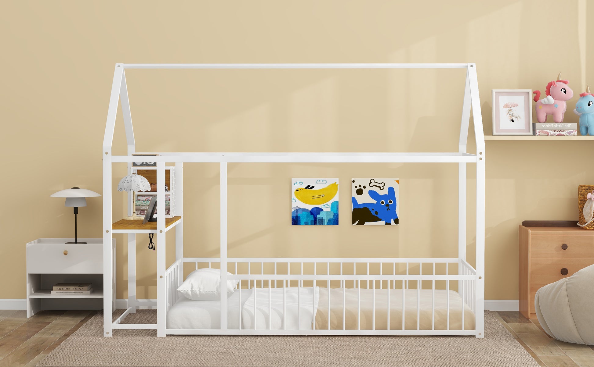 Twin Size Metal Bed House Bed Frame With Desk, Shelves, Power Outlets And Usb Ports, White Twin White Metal