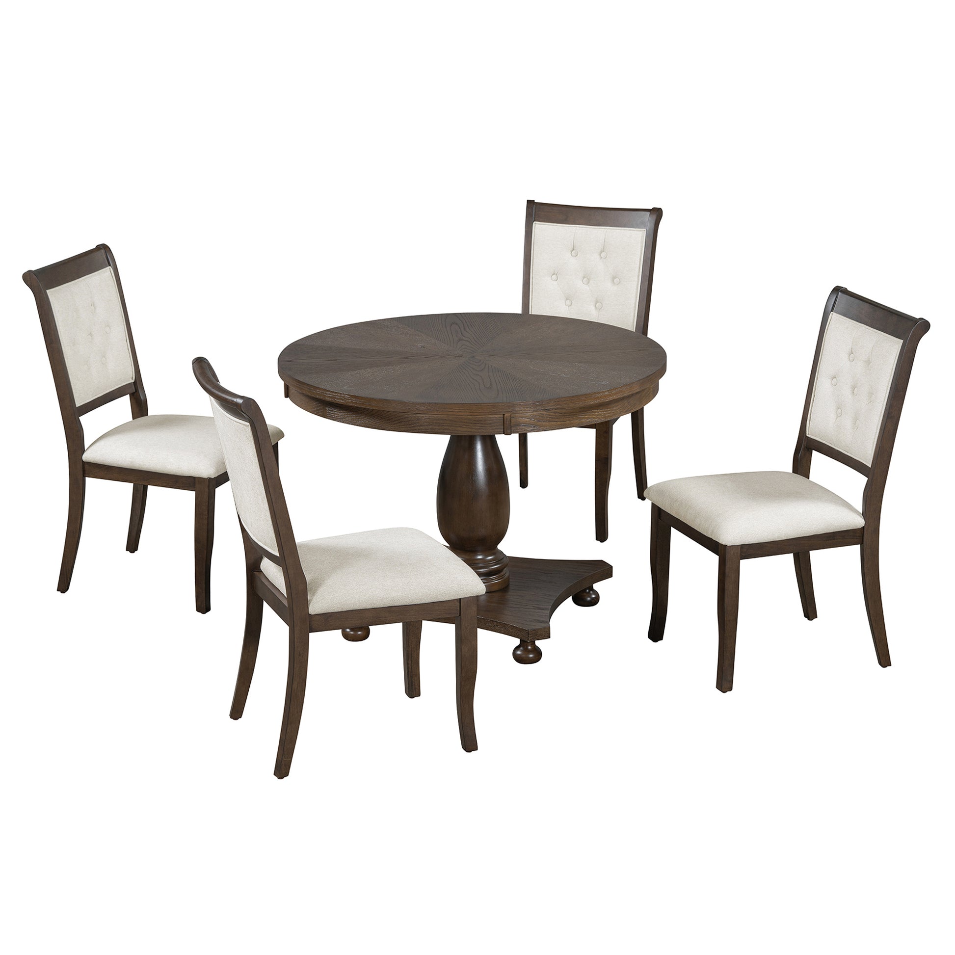 5 Piece Retro Dining Set, Round Table With Pedestal Table Base And 4 Upholstered Chairs For Dining Room And Kitchen Espresso Espresso Solid Wood Mdf