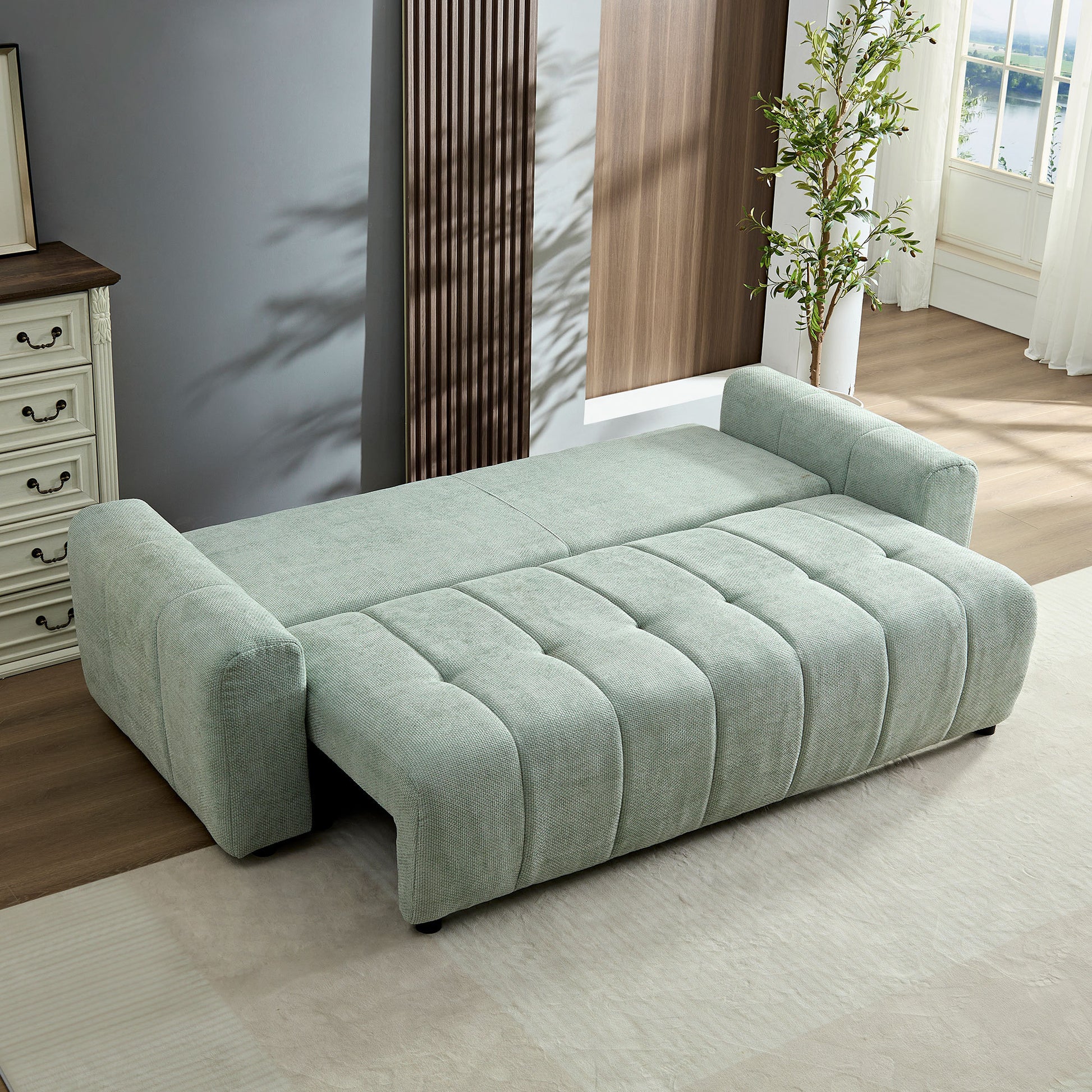 94.49''Sleeper Sofa, Sofa Bed 2 In 1 Pull Out Couch Bed With Storage Chaise For Living Room, Sofa Sleeper With Pull Out Bed, Light Green Style Couch Light Green Fabric 3 Seat