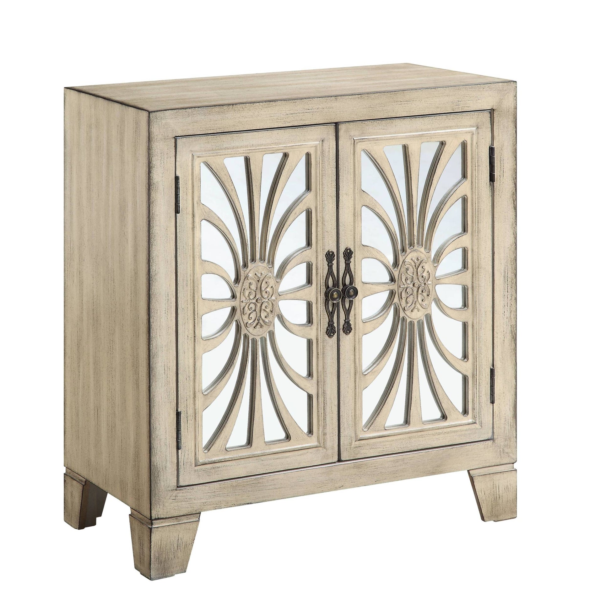Antique White Console Table With Mirrored Doors Antique White Primary Living Space Rubberwood Rectangular Wood Glass