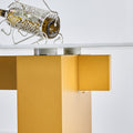Table And Chair Set.Large Modern Rectangular Table With 0.4 Inch Patterned Glass Tabletop And Large Mdf Table Legs.Comes With 6 Chairs With Faux Leather Cushioned Seats And Golden Metal Legs. Gold White Seats 6 Mdf Glass