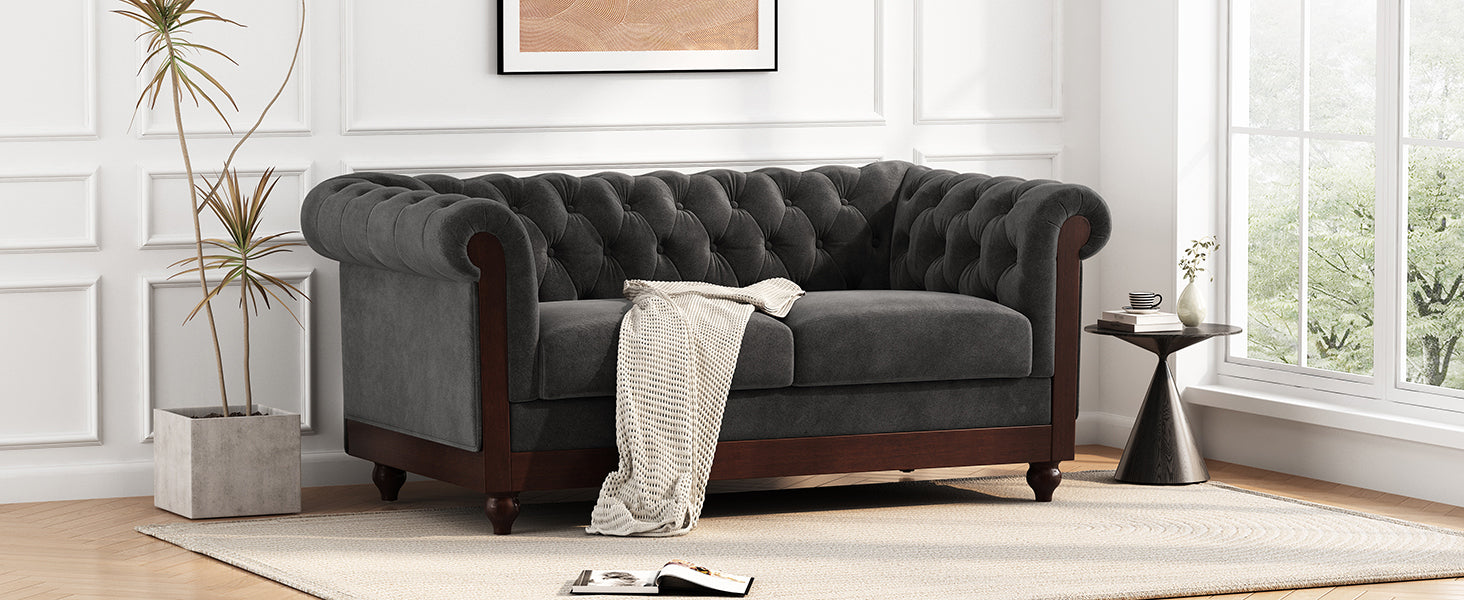 Vivalux 59.44" Chesterfield Velvet Loveseat Sofa,2 Person Rolled Arm Dutch Plush Upholstered Sofa Couch With Tufted Button For Living Room, Bedroom, Small Places,Dark Gray Dark Gray Espresso Velvet Wood Primary Living Space Soft Tufted Back