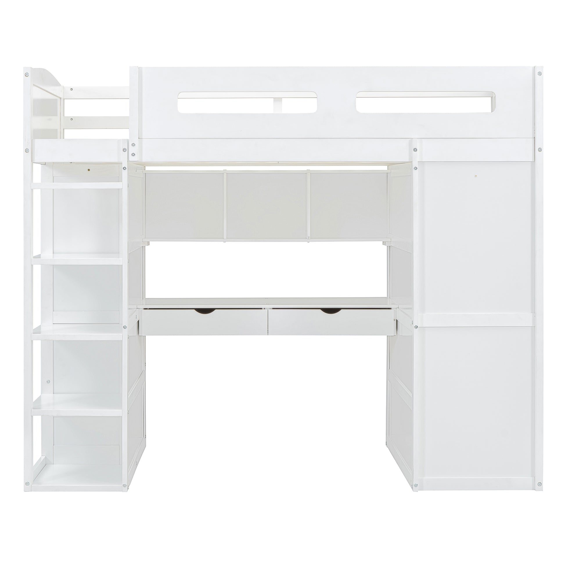 Twin Size Loft Bed With Desk, Wardrobes, 4 Drawers And 4 Shelves White Twin White Solid Wood