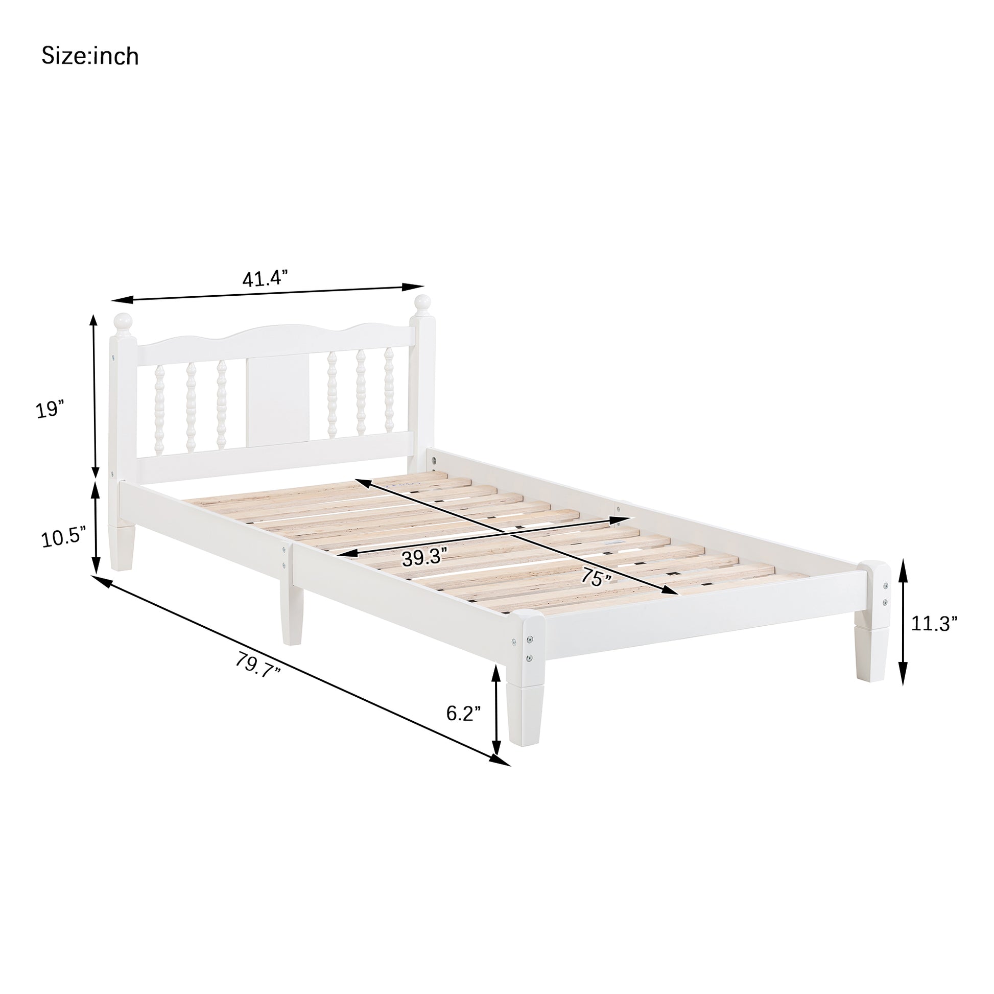 Twin Bed With Column Decoration Headboard, With Bed Slats,White Twin White Pine