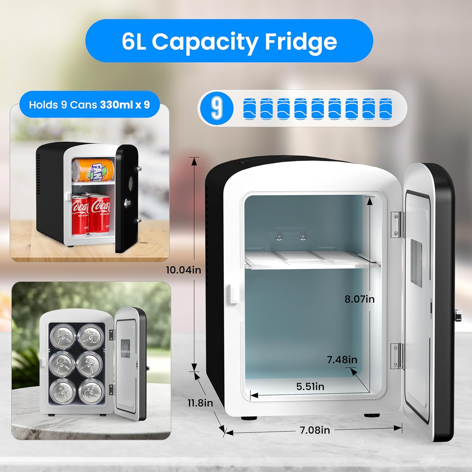 6L Portable Mini Fridge With Observation Window, Warmer And Cooler 9 Cans Compact Refrigerator, 100% Freon Free & Eco Friendly, 6 L, Black Black Polypropylene