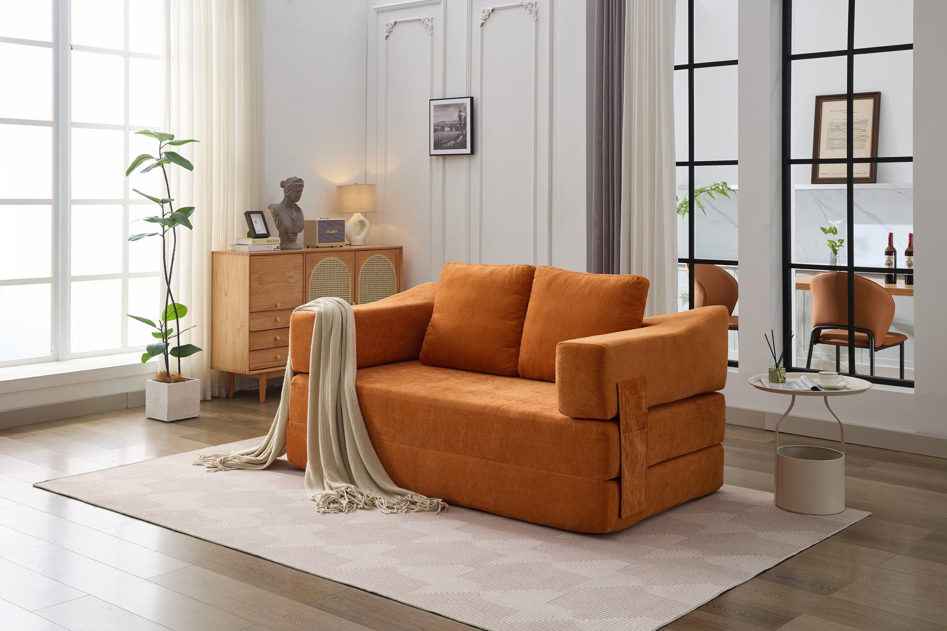 Modern Minimalist Sofa, Fold Out Sofa Bed, Convertible Chair Floor Couch & Sleeping Mattress For Living Room, Bedroom, Apartment, Removable Backrest, Orange Orange Chenille Soft Vintage Chenille 2 Seat