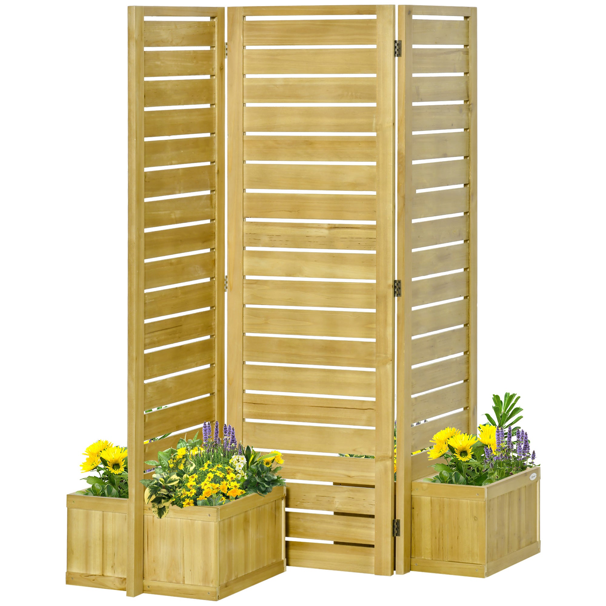 Outsunny Freestanding Outdoor Privacy Screen, 4 Self Draining Planters Raised Garden Beds, 3 Hinged Panels For Hot Tub, Patio, Backyard, Deck, Natural Natural Wood