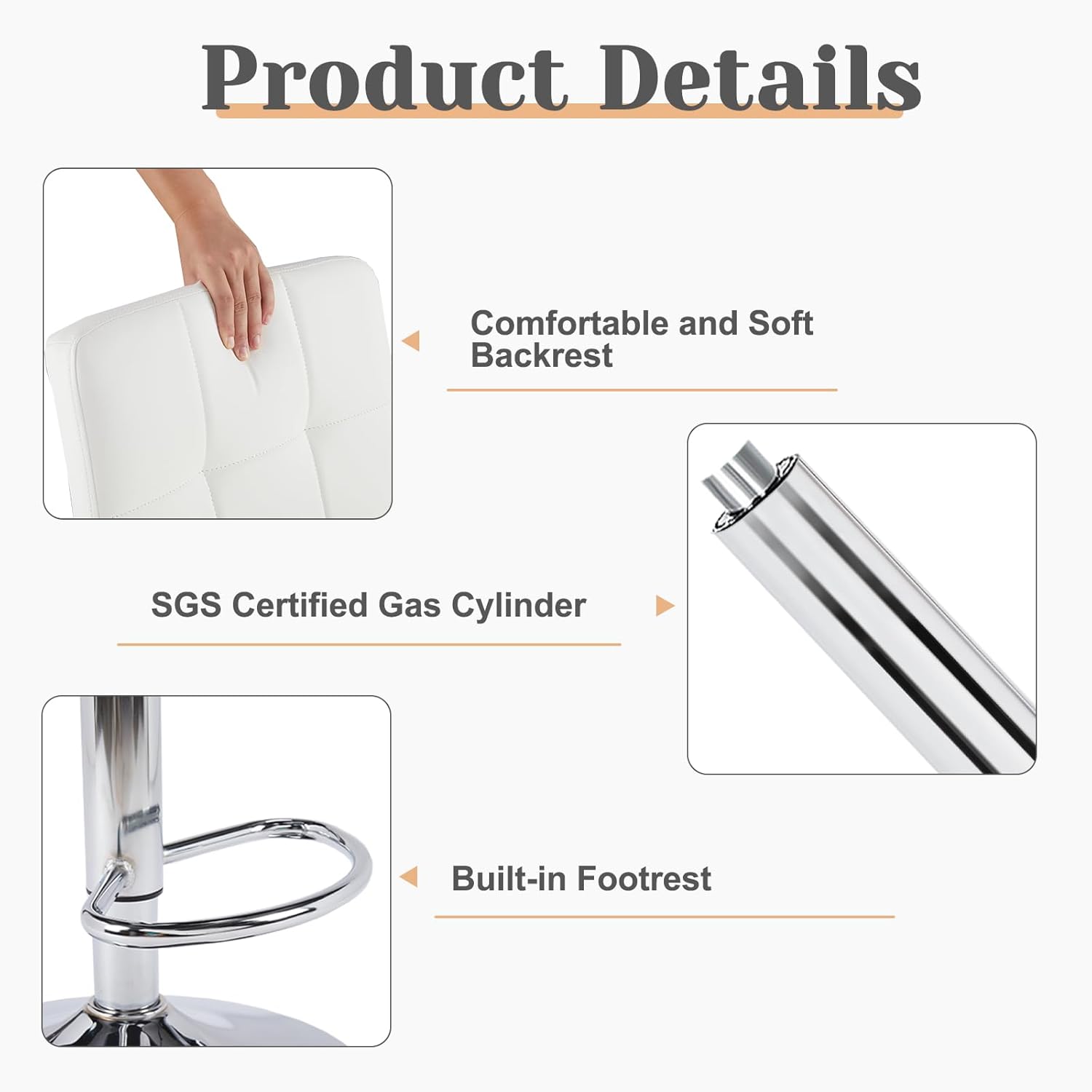 Bar Stools Set Of 2, Armless Hydraulic Kitchen Height Counter Bar Stools, Pu Leather Adjustable Swivel Barstools, Thickened Square Seat Cushion Barstool With Back, White White Metal