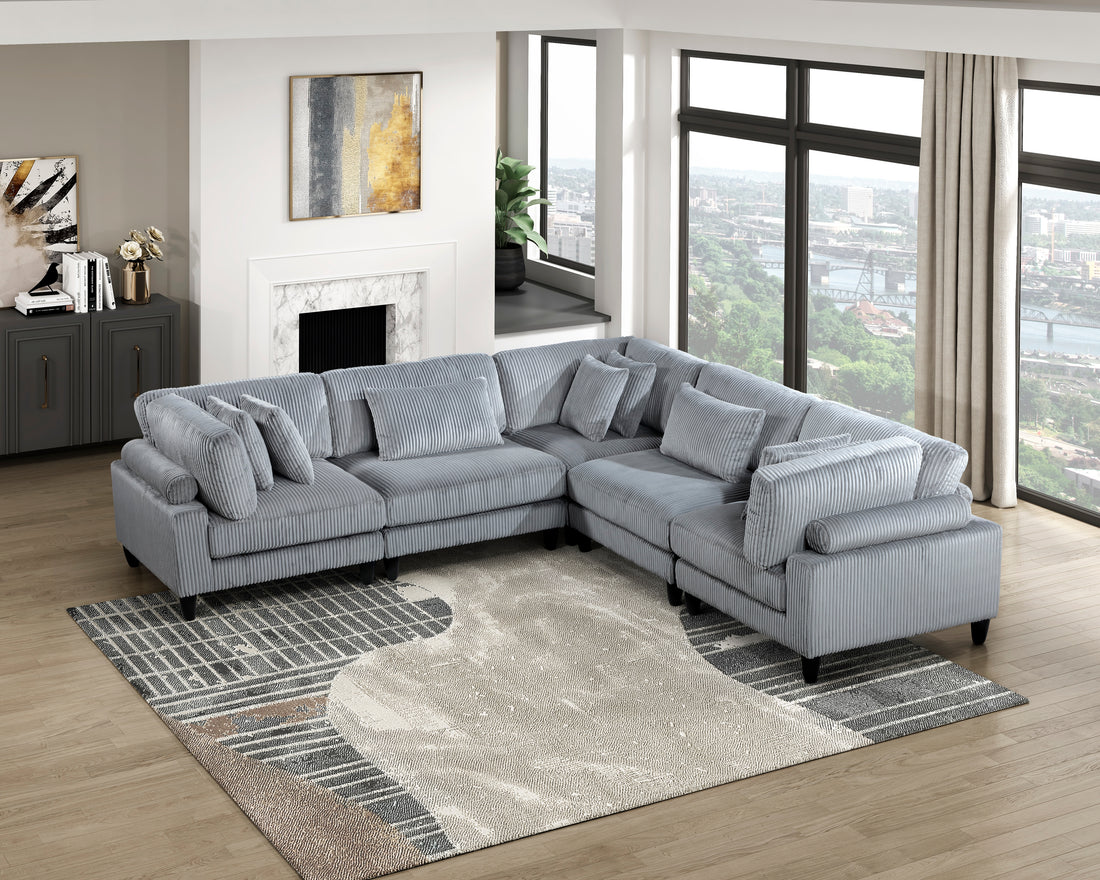 5Pc Modular Sectional Set Gray Corduroy Upholstery 2X Armless Chairs 3X Corner Seats Soft Pillows Living Room Furniture Gray Corduroy Wood Primary Living Space Contemporary,Modern Modular