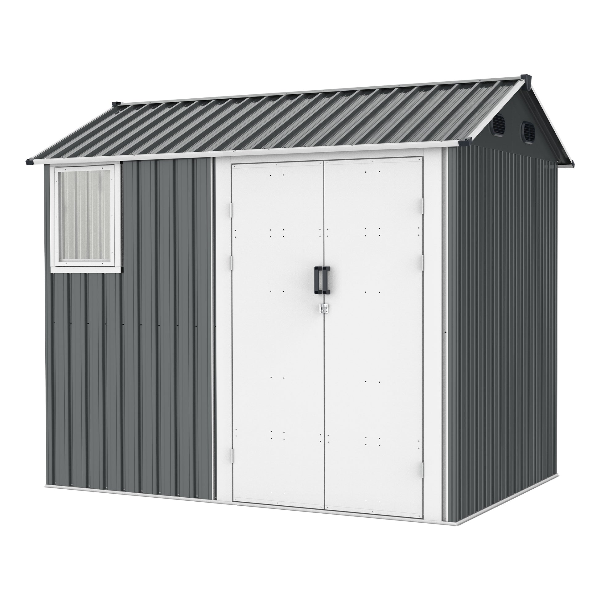 8X6 Ft Metal Outdoor Storage Shed With Window, Floor Base, Air Vents And Double Hinged Door Dark Grey Steel