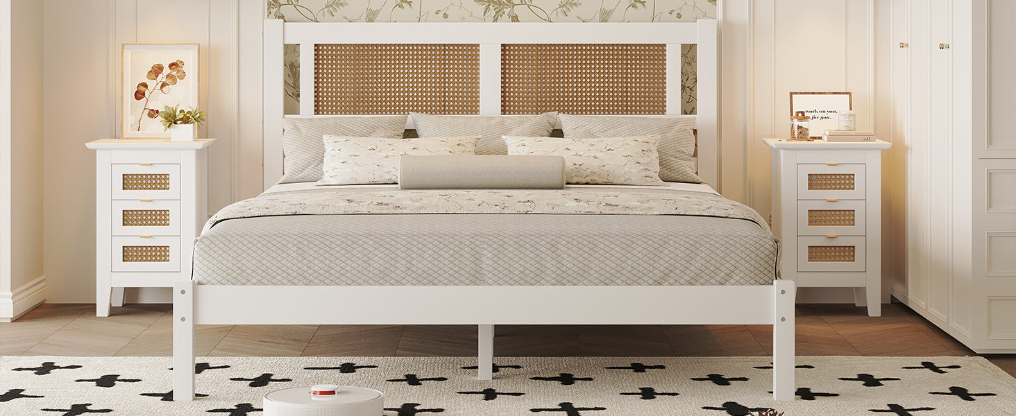 Queen Size Wood Platform Bed With Natural Rattan Headboard,Exquisite Elegance With Minimalist Charm For Bedroom,White White Particle Board